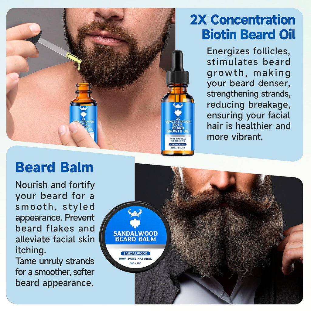 MistySprite Beard Growth Kit for Men, 2X Concentration Biotin Beard Oil & Styling Balm, Natural Facial Hair Conditioner with Argan, Jojoba & Vitamin E, Sandalwood Scent Softener