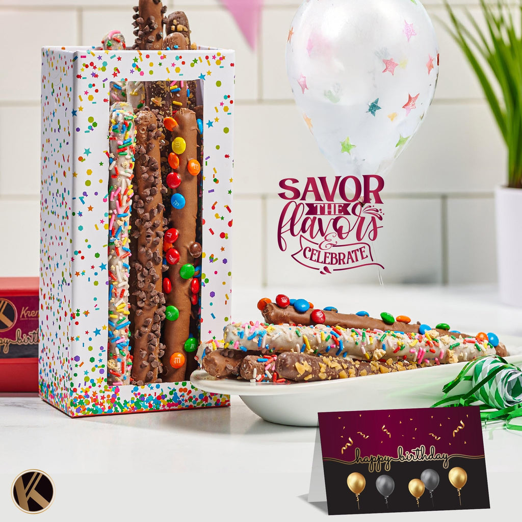 KREMERY Creamy Chocolate Cravings - Fathers Day Treats, Gift For Dad, Chocolate Covered Pretzel Rods Gift Basket with Candied Toppings (8 Pretzels) Sweet Treats in Clear Tube Kosher