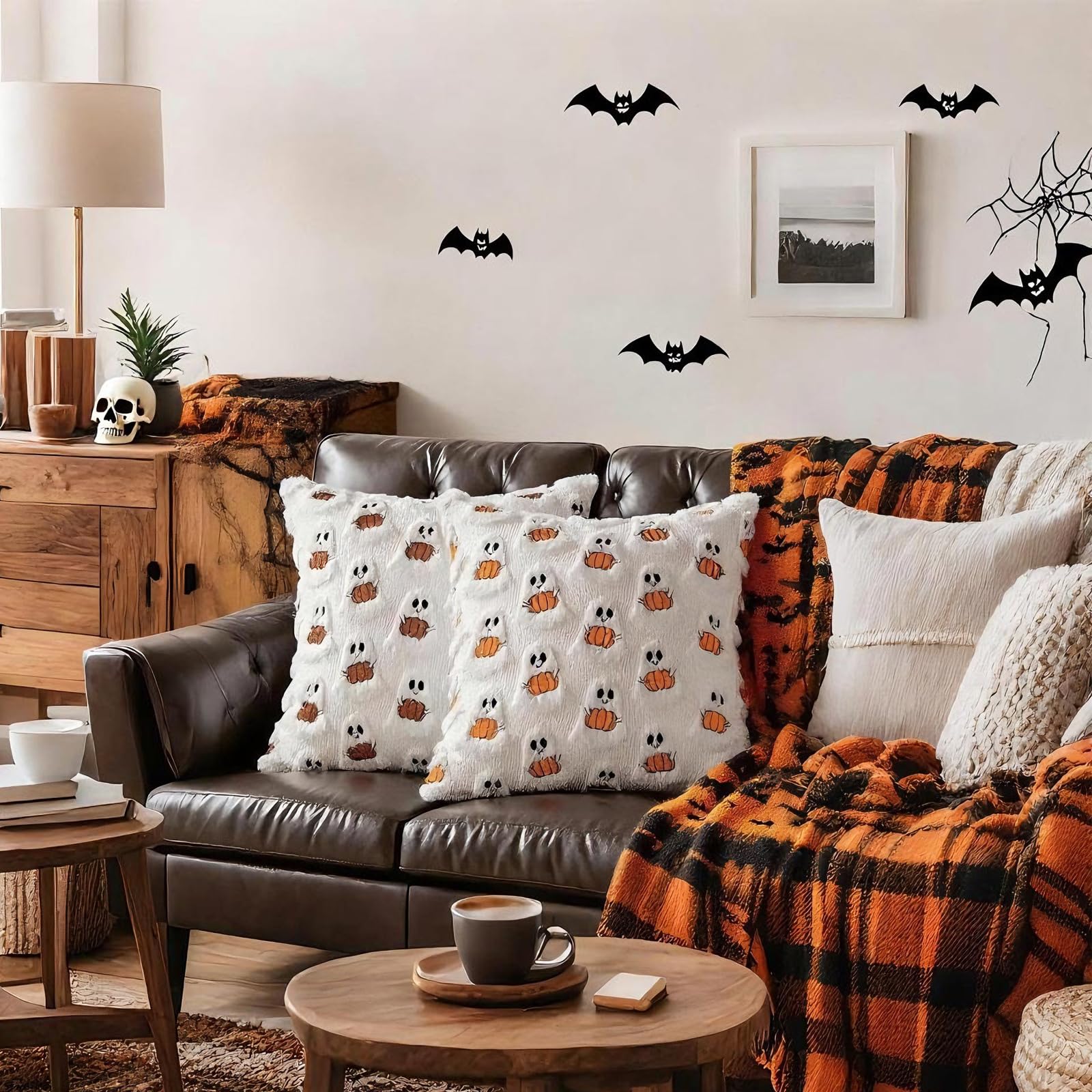 Halloween Decor Throw Pillow Covers Set of 2-18x18 Inches Ivory Cute Ghost Hugging Pumpkin, Plush Soft for Spooky Season & Cozy Fall Decor