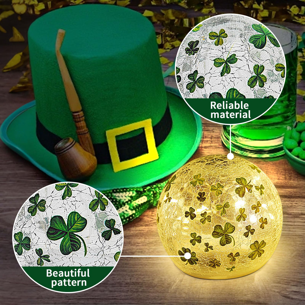 St Patricks Day Decorations Lights, Lighted Glass Ball Tabletop Irish Decor LED Night Light with Clover Pattern,Irish DIecorations for Home (2PCS3.93'')
