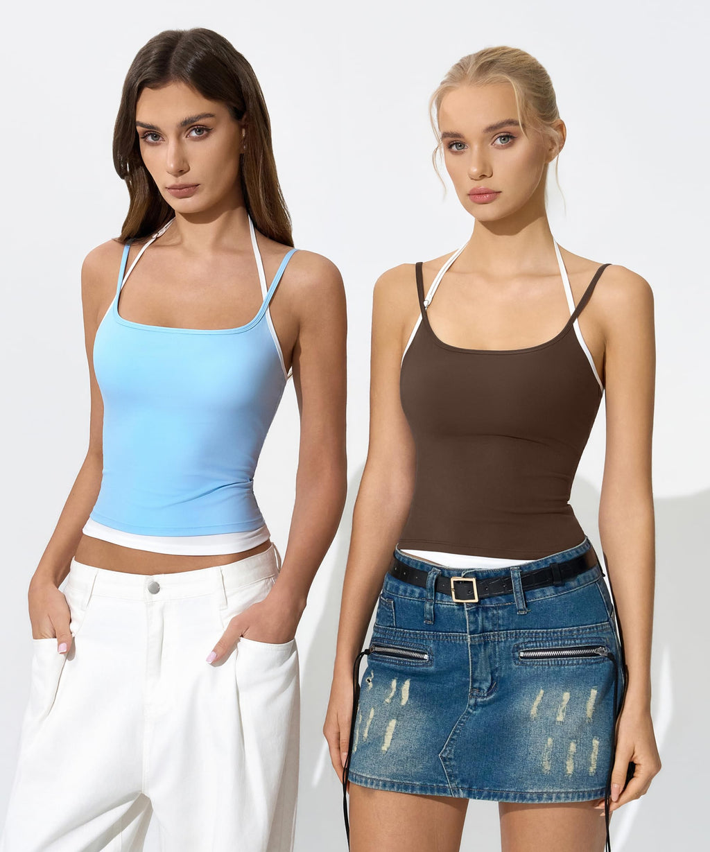 QINSEN Women's Spaghetti Strap Tank Top Slim Fitting Layered Halter Neck Sleeveless Crop Cami Shirt