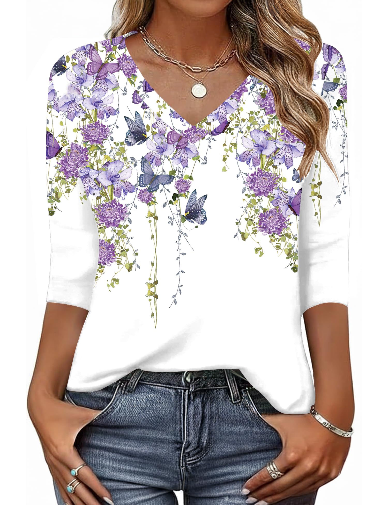 KTILG Women's V Neck T Shirts 3/4 Sleeve Blouse Summer Tops Dressy Casual Solid Basic Tees