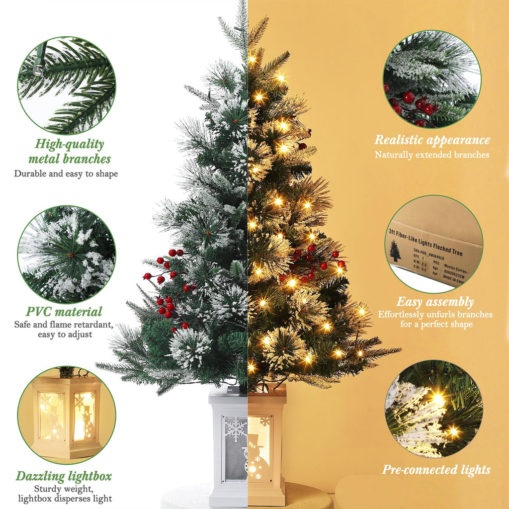 3FT Prelit Premium Snow Flocked Artificial Christmas Tree with Warm White LED, Mini Prelit Xmas Pine Tree for Christmas Decoration,Yard,Home,Office,Outdoor,Indoor,8 Mode Snowflake White Base- 1PC