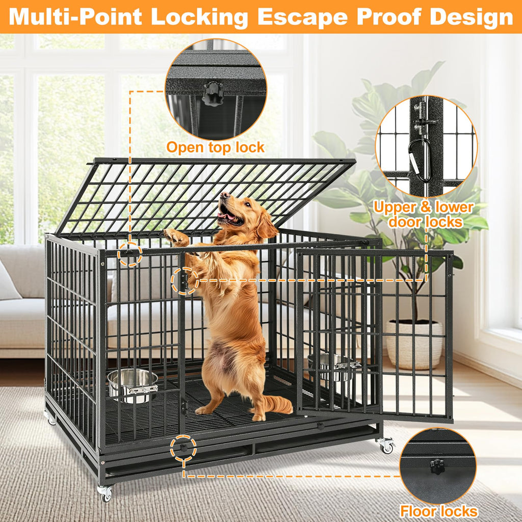 Homey Pet 37 Inch Heavy Duty Dog Crate for Medium Dogs, Stackable Dog Cage with Four Lockable Wheels, Removable Tray & Grid, Open Top, Escape Proof Dog Kennel Indoor