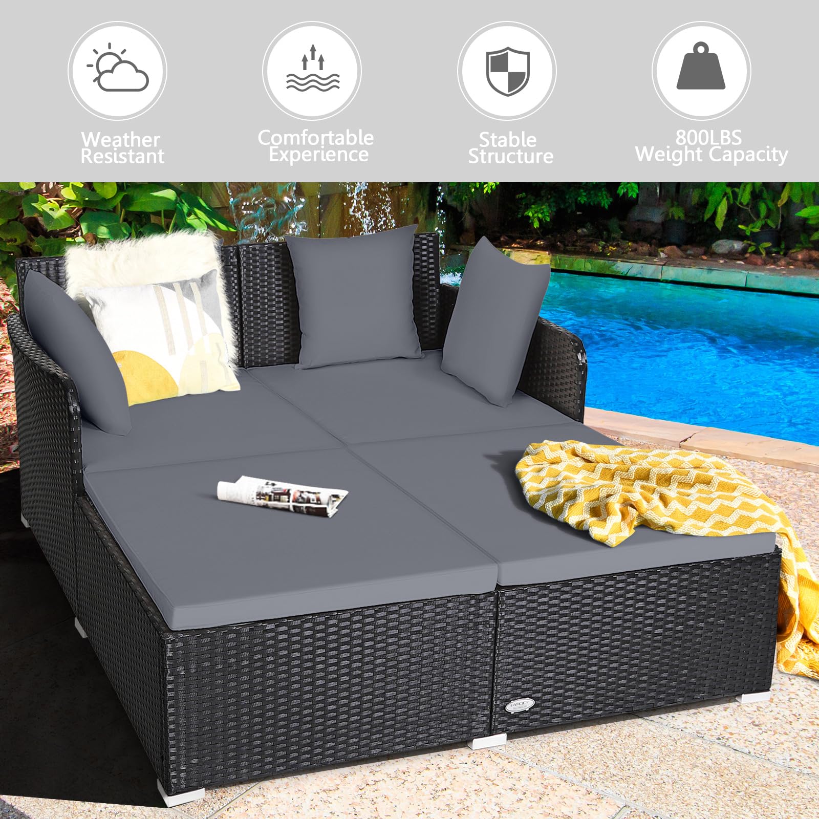 Tangkula Patio Rattan Daybed with Retractable Canopy, Outdoor Wicker Sunbed Lounger with 2 Foldable Side Tables, Thick Seat & Back Cushions, Outside Double Daybed for Garden, Backyard, Porch