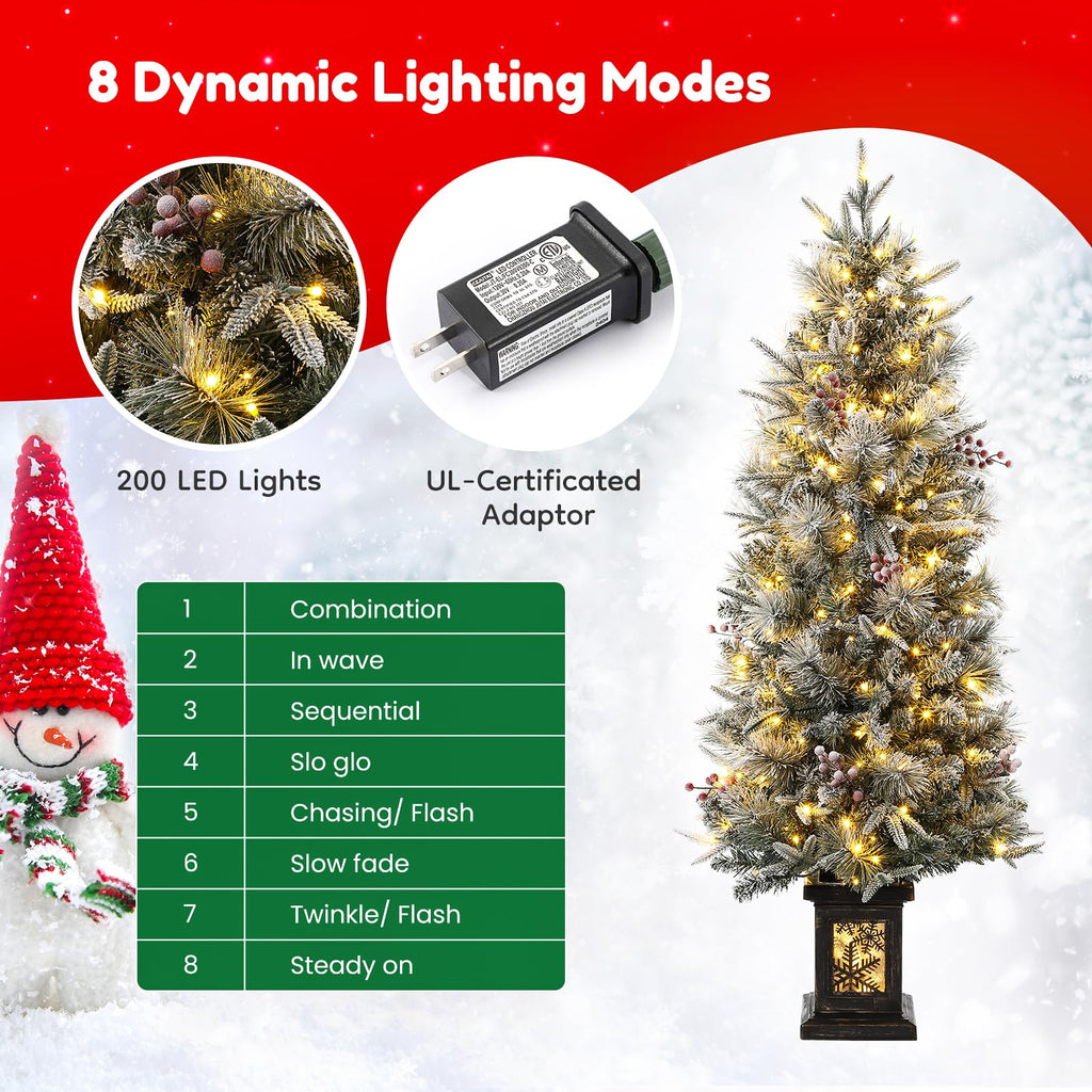 3FT Prelit Premium Snow Flocked Artificial Christmas Tree with Warm White LED, Mini Prelit Xmas Pine Tree for Christmas Decoration,Yard,Home,Office,Outdoor,Indoor,8 Mode Snowflake White Base- 1PC