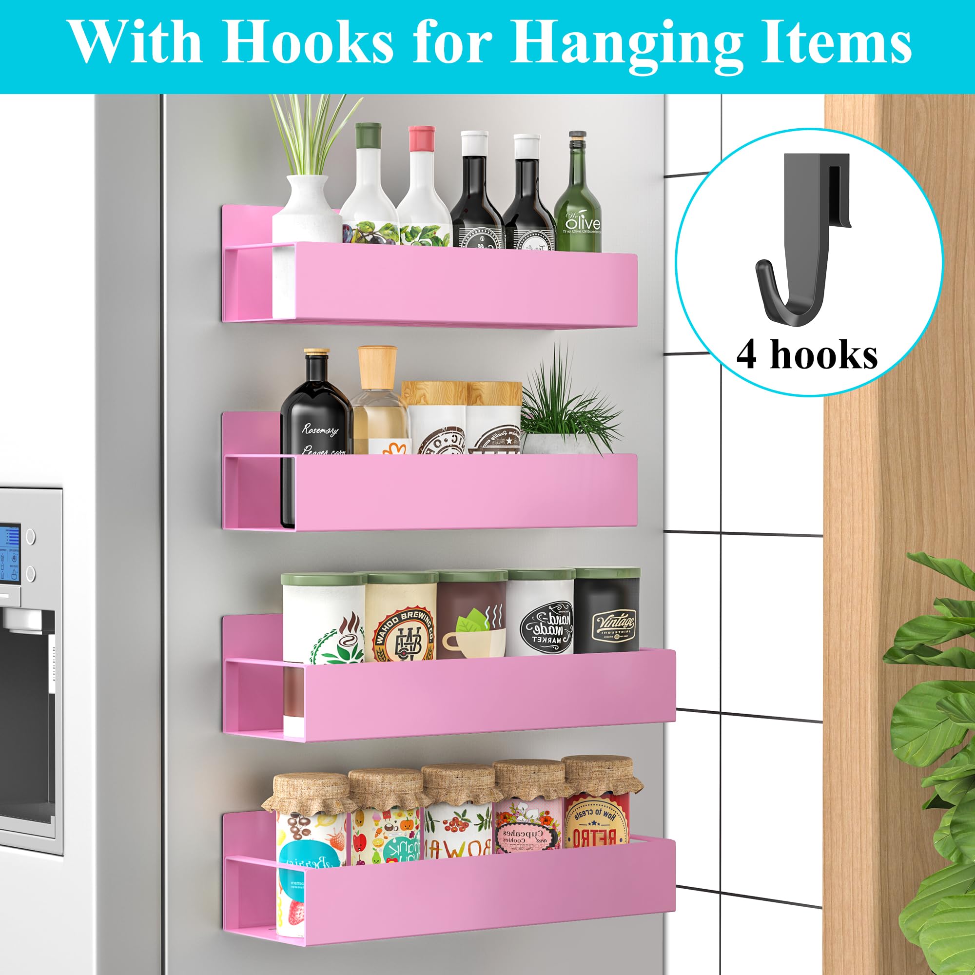 HuggieGems Metal 4 Pack Magnetic Spice Storage Rack Organizer for Refrigerator and Oven, Black Fridge Organizers and Storage, Metal