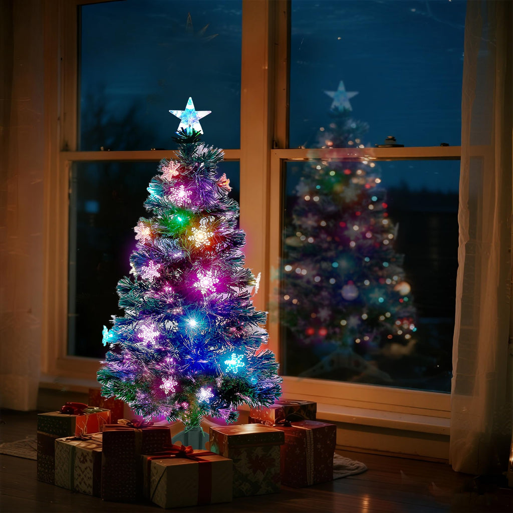 Prsildan 4 FT Artificial Christmas Tree, Pre-Lit Optical Fiber Xmas Trees with Multicolor LED Lights, Snowflakes & Top Star, Lighted Christmas Tree Holiday Home Decor