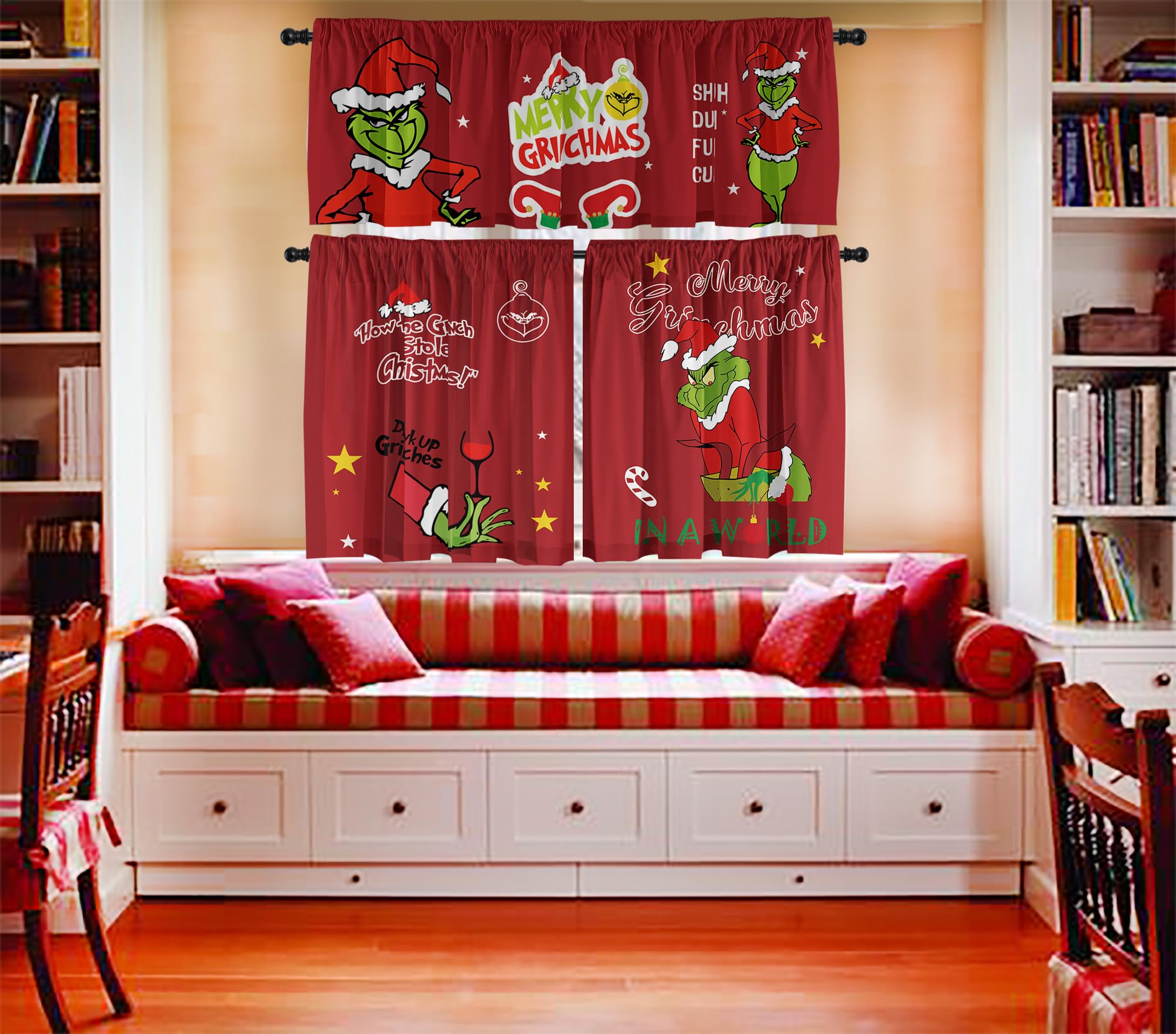 Christmas Kitchen Curtain Valances Winter Holiday Festive Small Window Decoration, Red and Green Farmhouse Xmas Design, 52x18inchx1, 26x36inchx2, 3 Panel, Rod Pocket