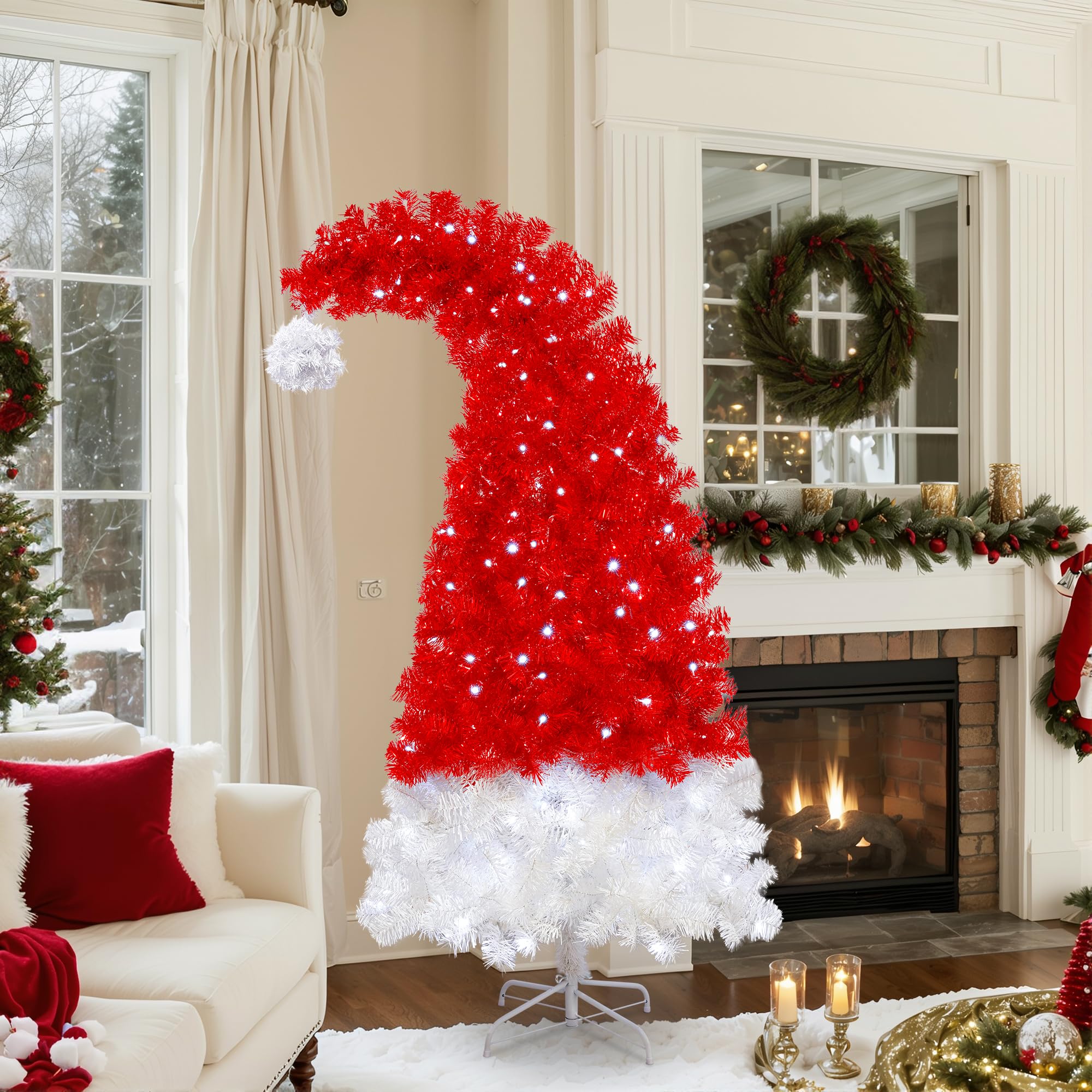 Merax 7FT Red Christmas Tree, Red Santa Hat Christmas Tree Prelit with 400 Lights and 1250 Branches, Artificial Whimsical Seasonal Holiday Decoration