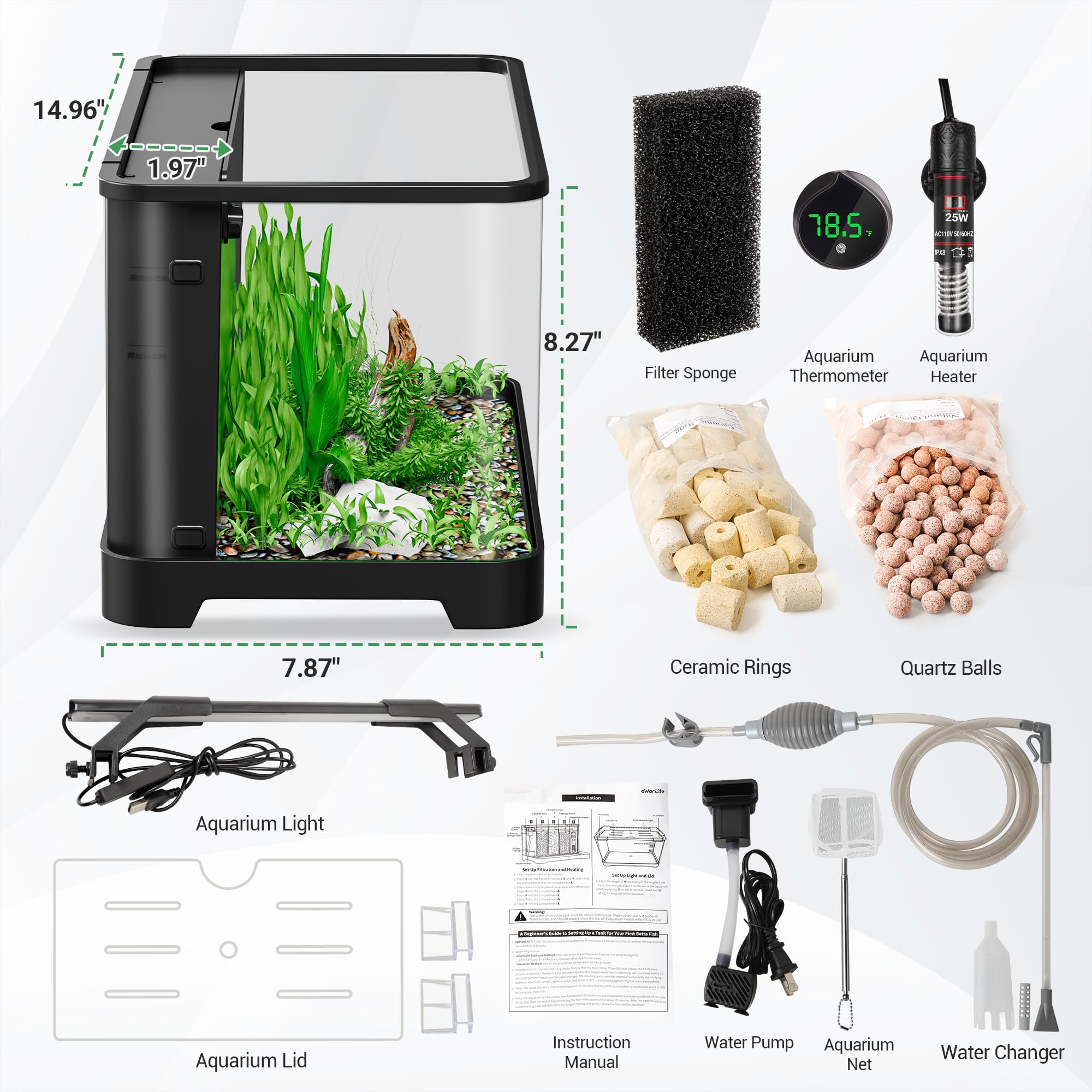 3.5 Gallon Betta Fish Tank, All in One Aquarium Starter Kits with Back Filter, Adjustable Pump, 25W Heater, LED Thermometer, LED Light with Timer & Water Changer Kit, Gifts for Mom Wife