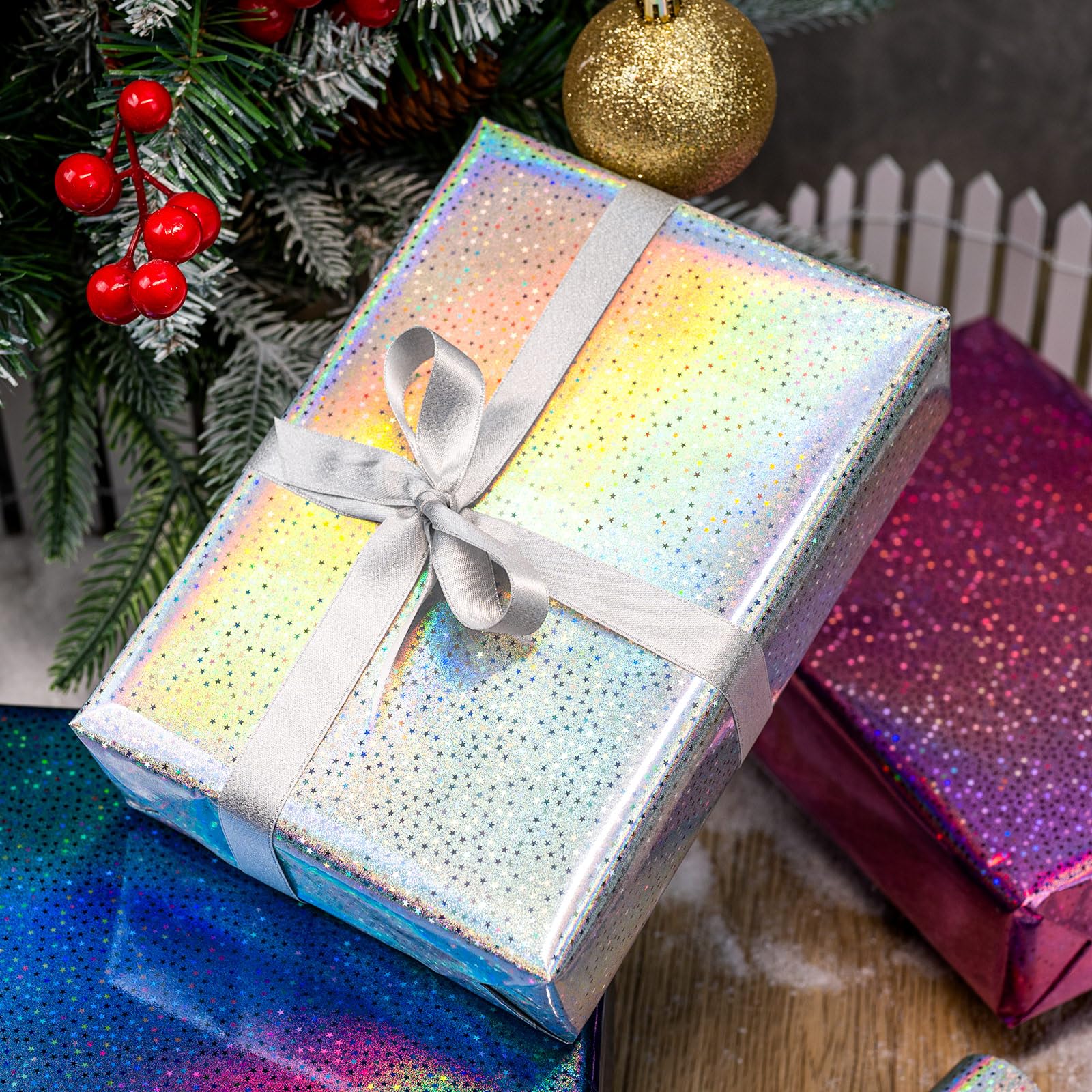 Burymento Black Wrapping Paper Roll, Metallic Holographic Stripe Gift Wrap for Birthday, Valentines, Mothers day, Graduation, Wedding, Fathers day, Baby Shower, Christmas (17 IN x 32.8 FT)