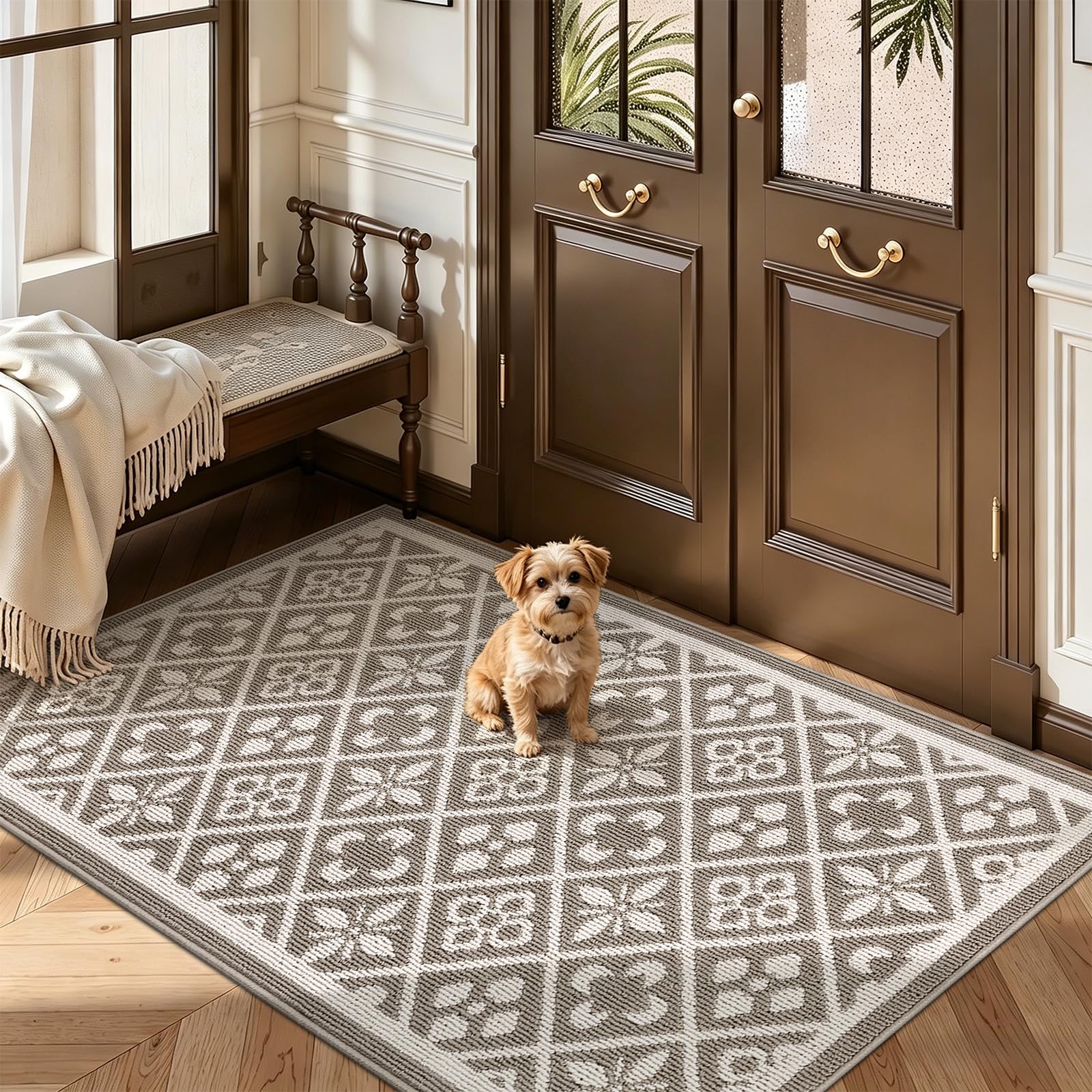 Ileading Christmas Entrance Door Mat, Absorbent Dog Mats for Muddy Paws, Low-Profile Small Red Xmas Decor Kitchen Runner Rug with Non-Slip Backing, Machine Washable Entryway Welcome Mat(Red 24"X36")