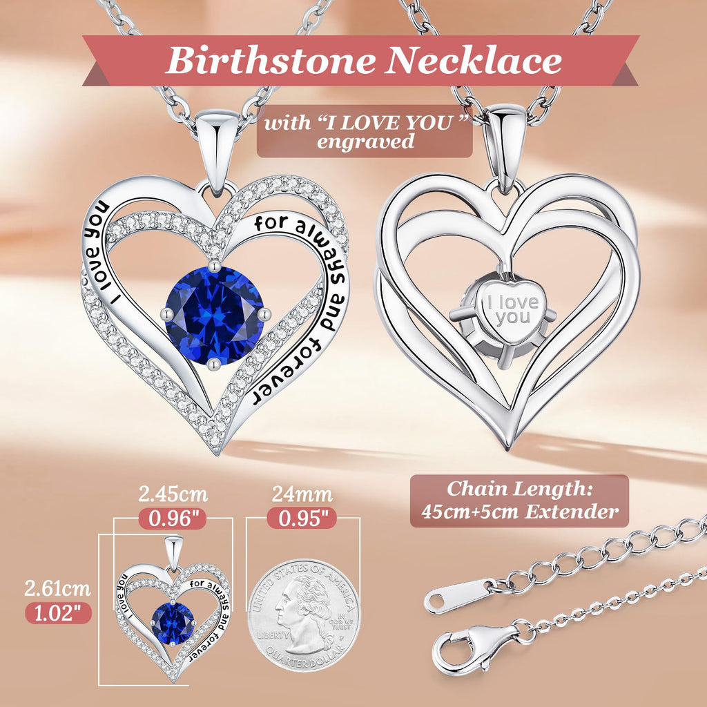 CDE Forever Love Heart Necklaces for Women, Wedding Anniversary, Valentine's，Birthday Mothers Christmas Day Gifts for Mom, Mother, Wife, S925 Silver Jewelry with Birthstone Pendant