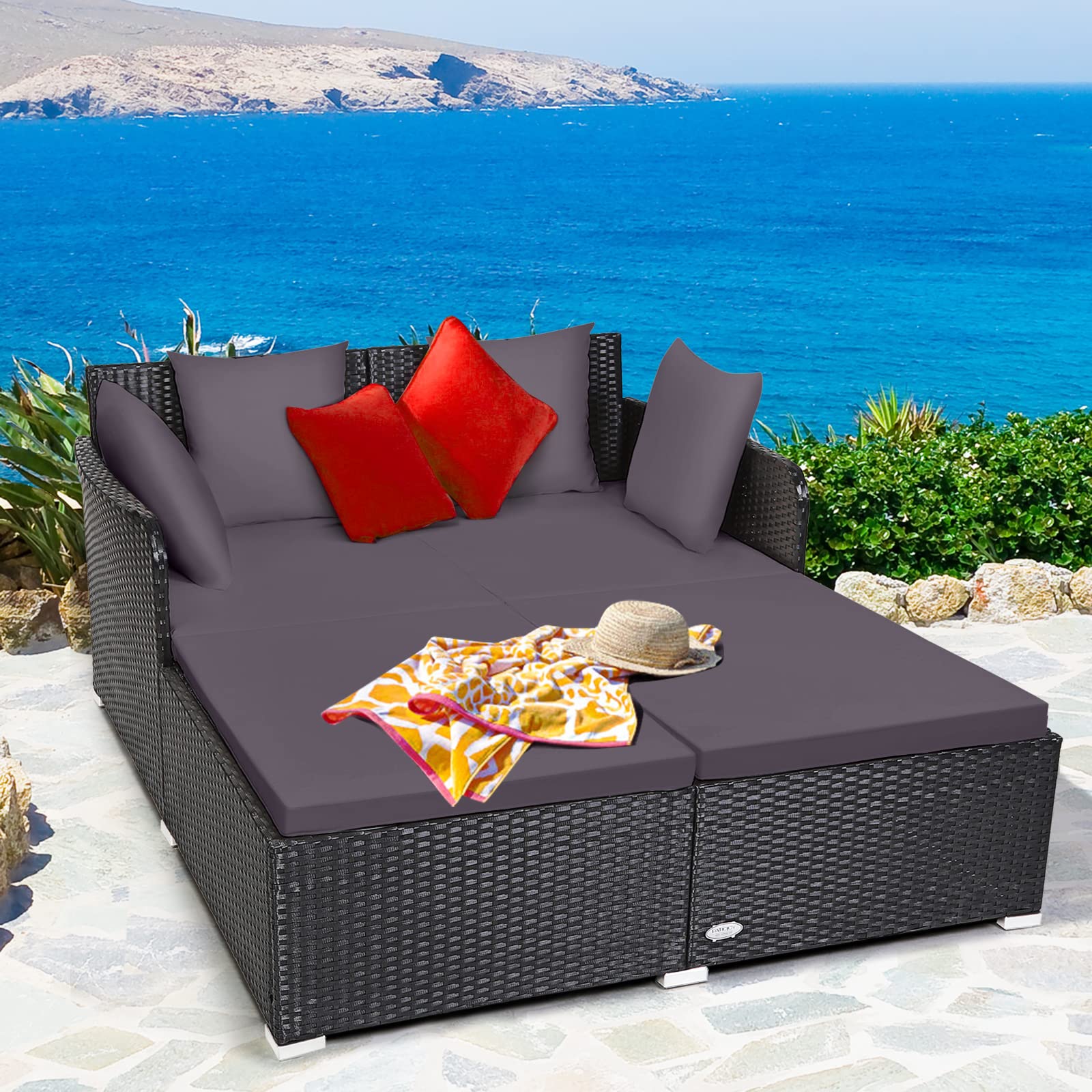 Tangkula Patio Rattan Daybed with Retractable Canopy, Outdoor Wicker Sunbed Lounger with 2 Foldable Side Tables, Thick Seat & Back Cushions, Outside Double Daybed for Garden, Backyard, Porch