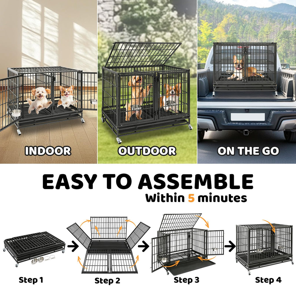Homey Pet 37 Inch Heavy Duty Dog Crate for Medium Dogs, Stackable Dog Cage with Four Lockable Wheels, Removable Tray & Grid, Open Top, Escape Proof Dog Kennel Indoor