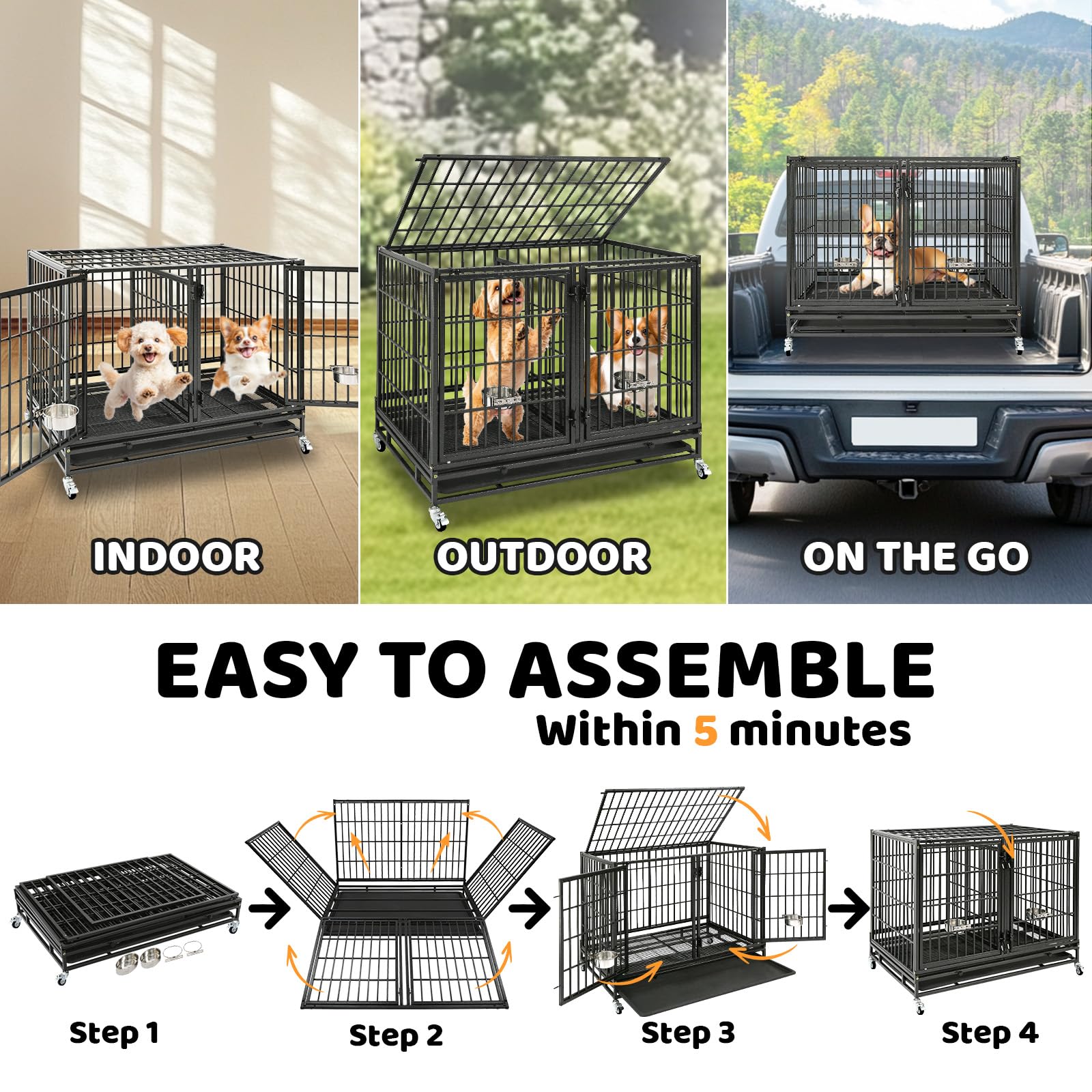 Homey Pet 37 Inch Heavy Duty Dog Crate for Medium Dogs, Stackable Dog Cage with Four Lockable Wheels, Removable Tray & Grid, Open Top, Escape Proof Dog Kennel Indoor