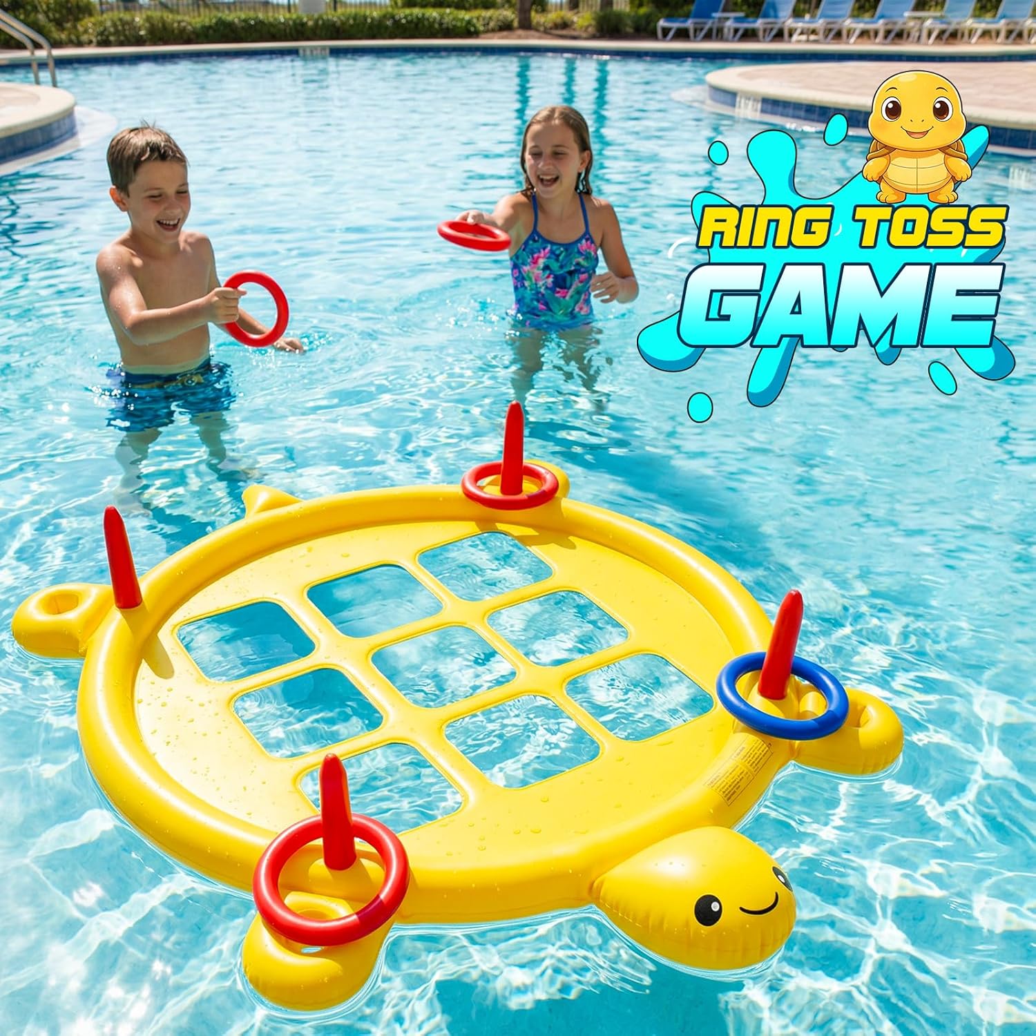 2 in 1 Pool Toys Games for Kids, Pool Tic Tac & Ring Toss Games for Adults Teens Family Party, Giant Inflatable Floating Tic Tac Toe with Cup Holder, 10 Balls & 10 Rings, Fun Swimming Beach Yard Game