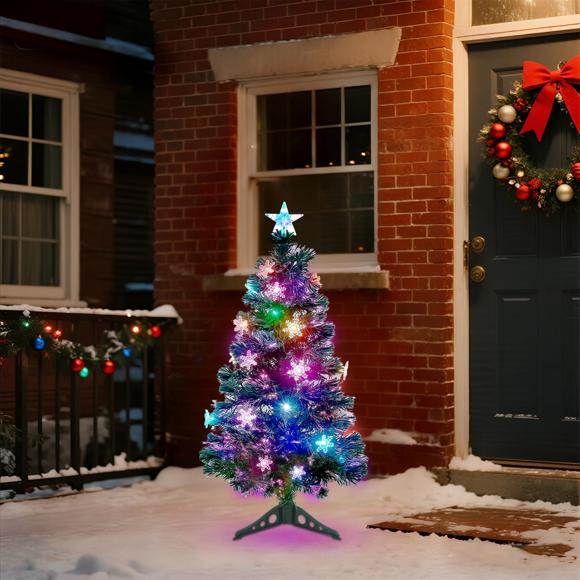 Prsildan 4 FT Artificial Christmas Tree, Pre-Lit Optical Fiber Xmas Trees with Multicolor LED Lights, Snowflakes & Top Star, Lighted Christmas Tree Holiday Home Decor