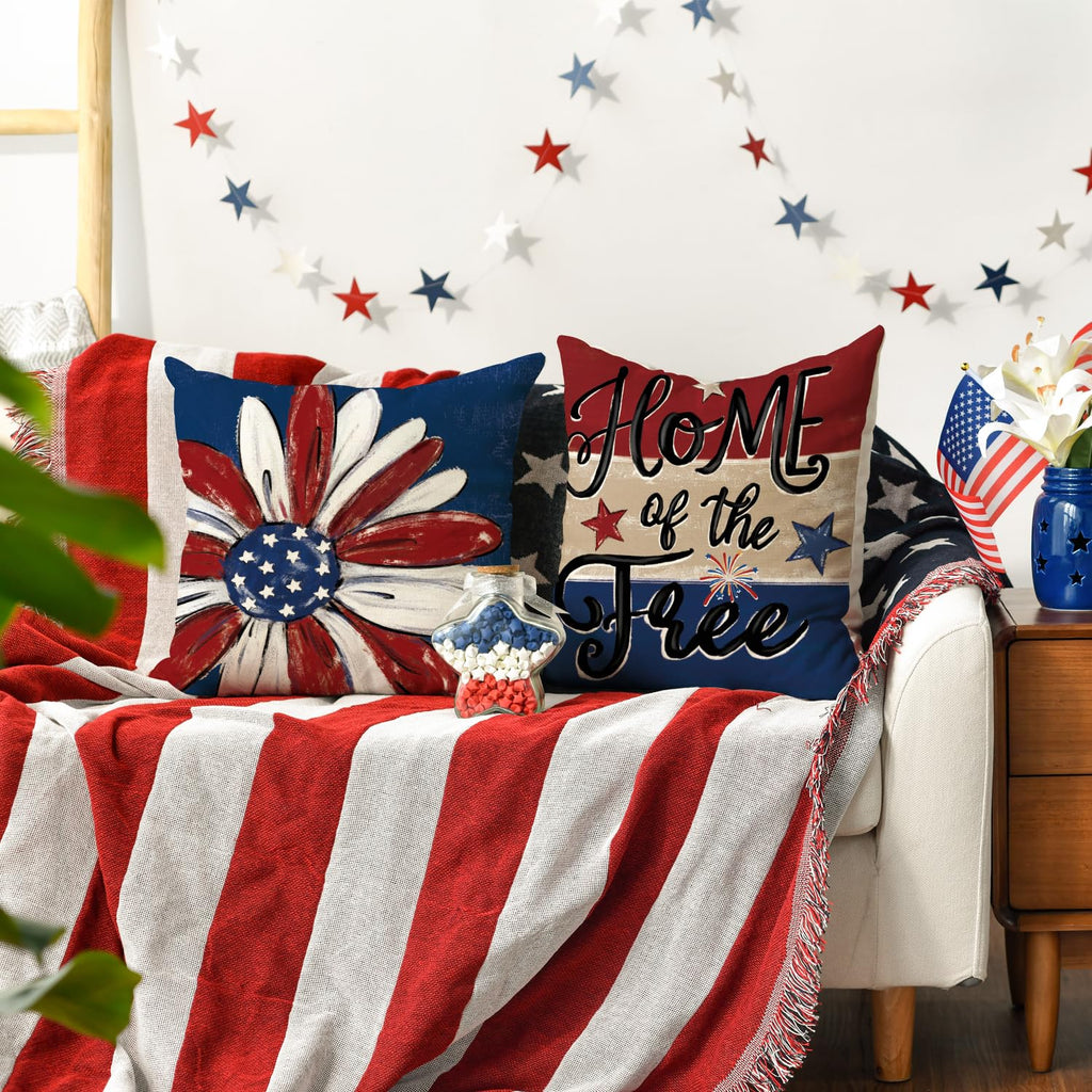 AVOIN colorlife Let Freedom Ring Stars Fireworks Flower Red Throw Pillow Covers, 12 x 20 Inch 4th of July Patriotic Independence Memorial Day USA Flag Cushion Case for Sofa Couch Set of 4