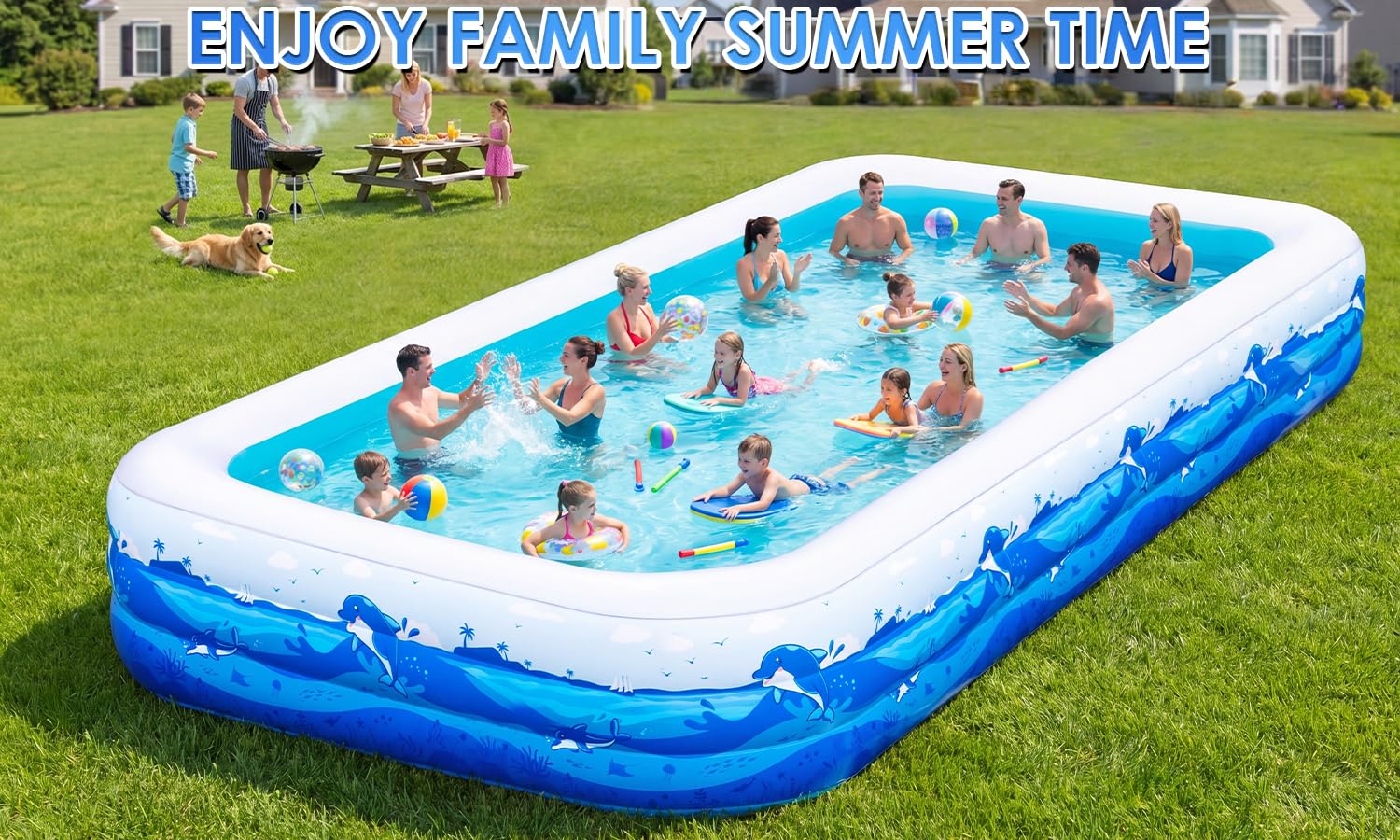 Extra Large Inflatable Pool for Adults, 165"x76"x22" Full-Sized Blow Up Pool with 0.6mm PVC & Cute Animal Print, Big Family Swimming Pool for Backyard Outdoor Summer Water Party