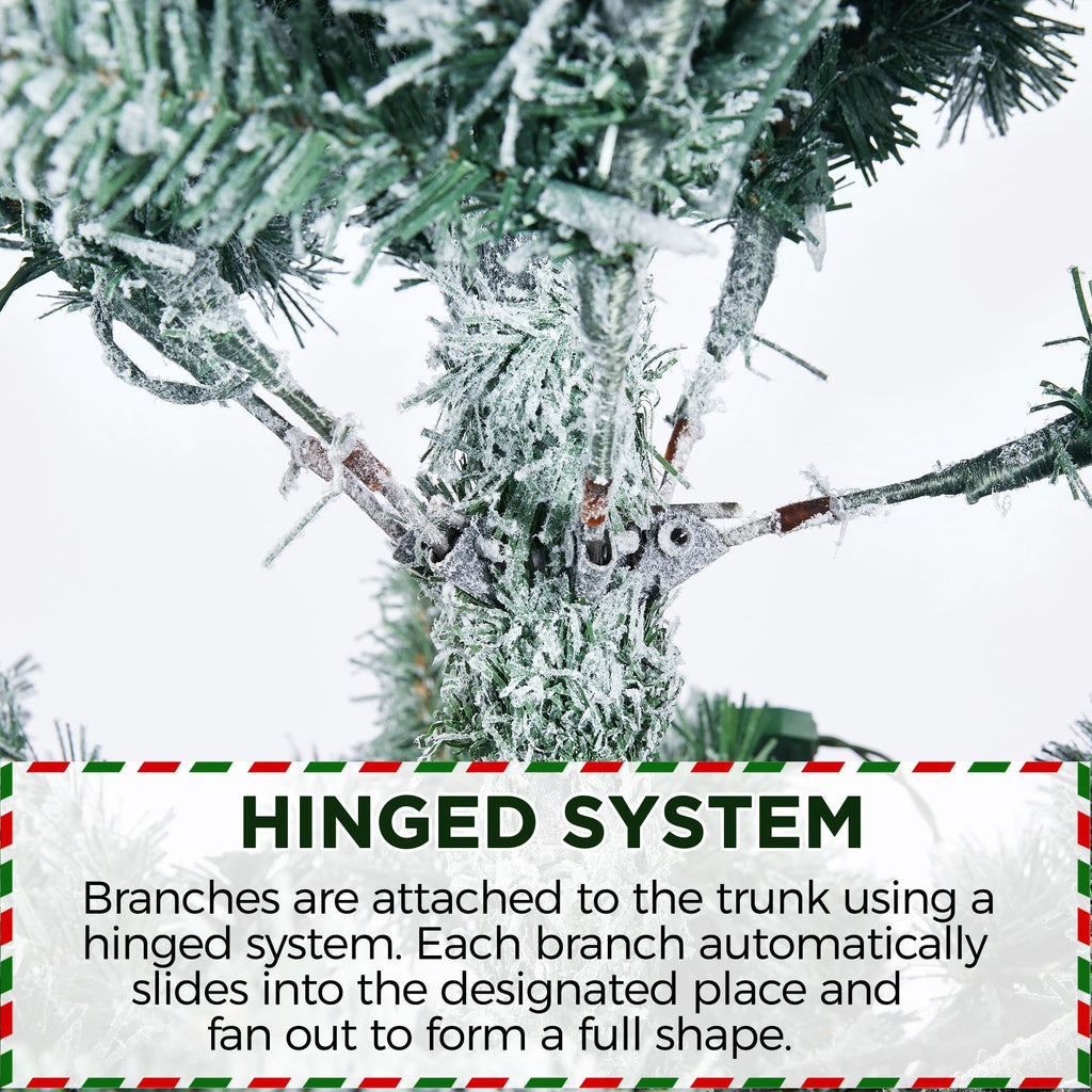 Yaheetech 6ft Snow Flocked Pre-lit Christmas Tree with 250 Warm White Lights, 820 Lush Branch Tips & Quick-Assembly Hinged Design, Full Artificial Xmas Tree for Winter Holiday Décor, Green & White