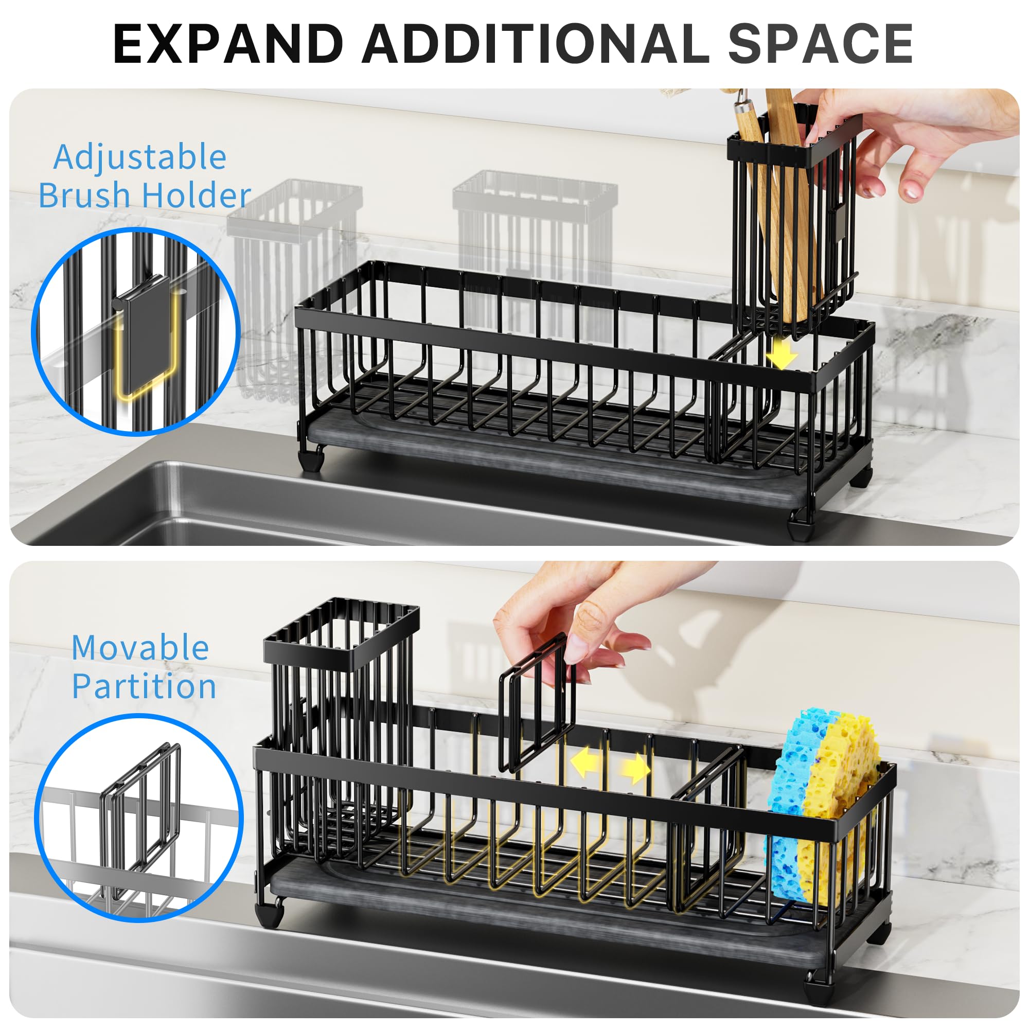 Cisily Sponge Holder for Kitchen Sink, Sink Caddy Organizer with High Brush Holder, Kitchen Countertop Organizers and Storage Essentials, Rustproof 304 Stainless Steel (Black, 9.25″)