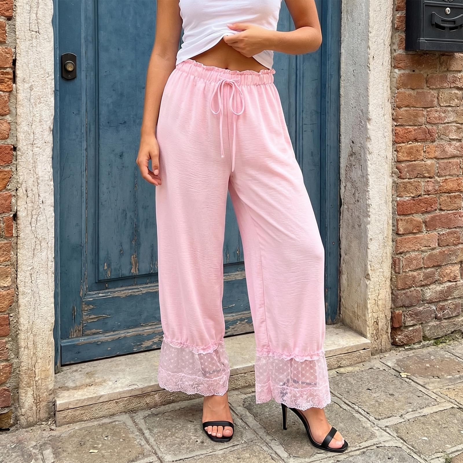 Women Bloomers Pants Y2K Flare Lace Trim Vintage Pantaloons Cute Ruffled Pumpkin Pants Capri Pajama Bottoms