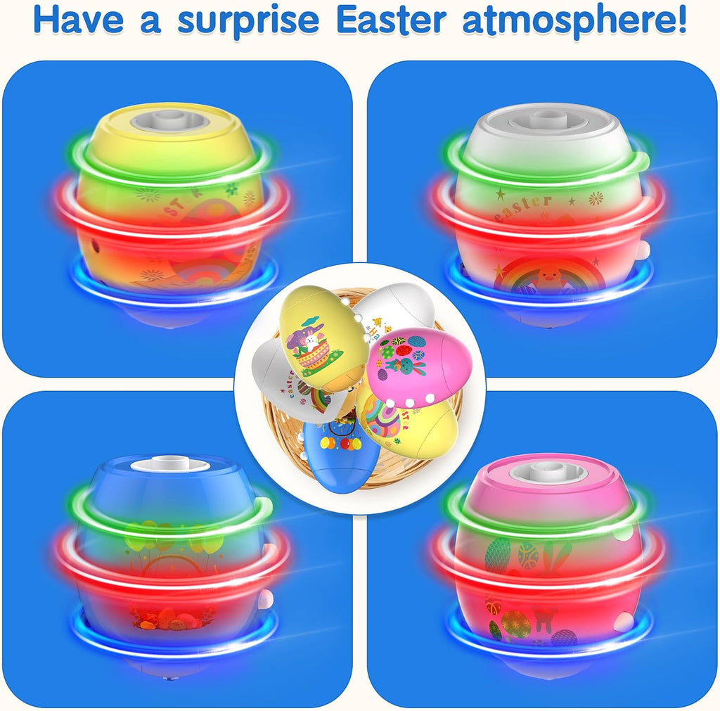 6 PCS Easter Eggs Light Up Flashing Spinning Tops for Kids, Easter Egg Spin Toys with LED Gyroscope for Party Favors Gift, Classroom Event Rewards, Goodie Bag Stuffers, Glow in The Dark Party Supplies