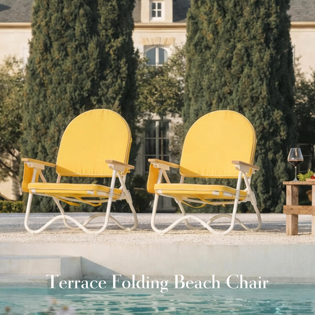 Padded Low Beach Chair, 4-Position Folding Outdoor Chair with Wooden Armrests, Cushioned Seat, Storage Pouch & Carry Strap for Beach, Patio and Lawn, Cala Serena Ochre Stripe