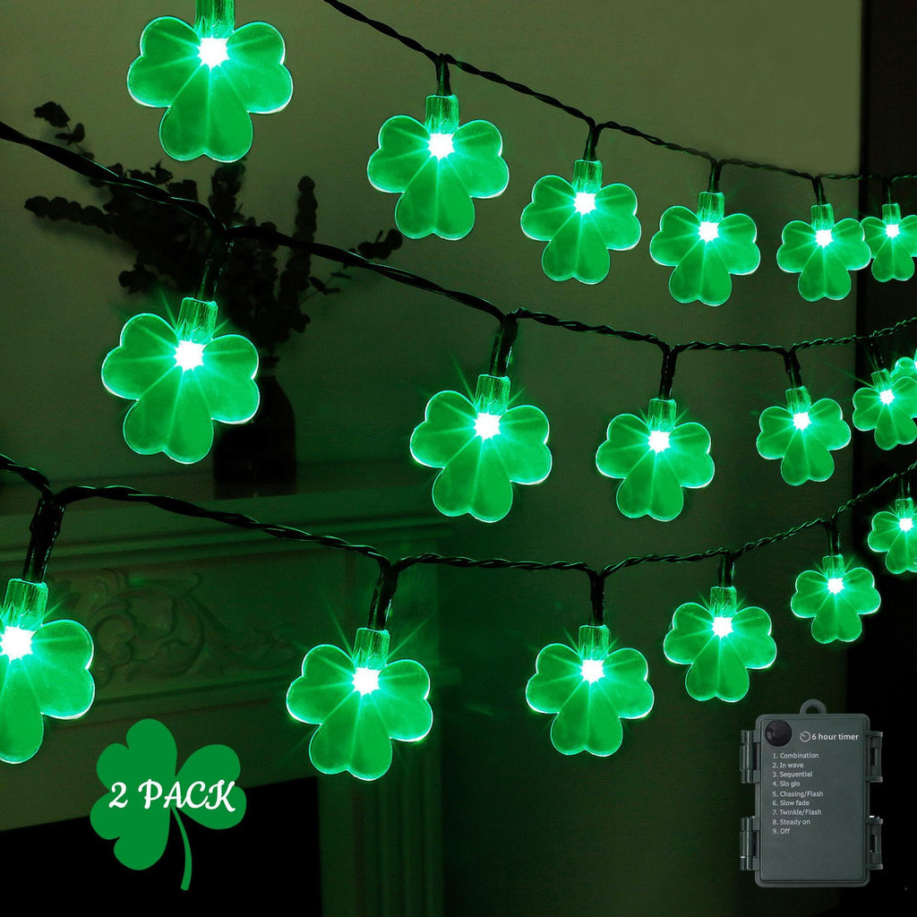 LJLNION St. Patricks Day String Lights Outdoor, 50 LED 16 FT Shamrocks Decorative Green Leaf Lights Battery Operated, 8 Lighting Modes & Timer, Waterproof for Home Garden Party Decoration, 2 Pack