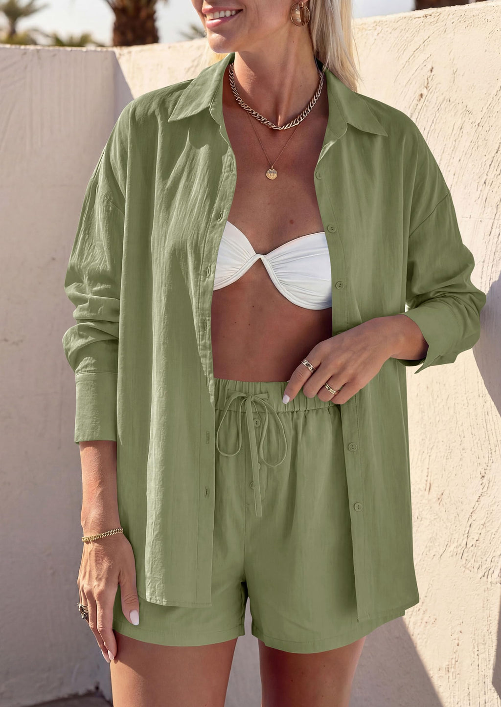 PRETTYGARDEN Women's Summer 2 Piece Matching Lounge Sets Pajamas Long Sleeve Shirts Blouse Pockets Shorts 2026 Spring Outfits