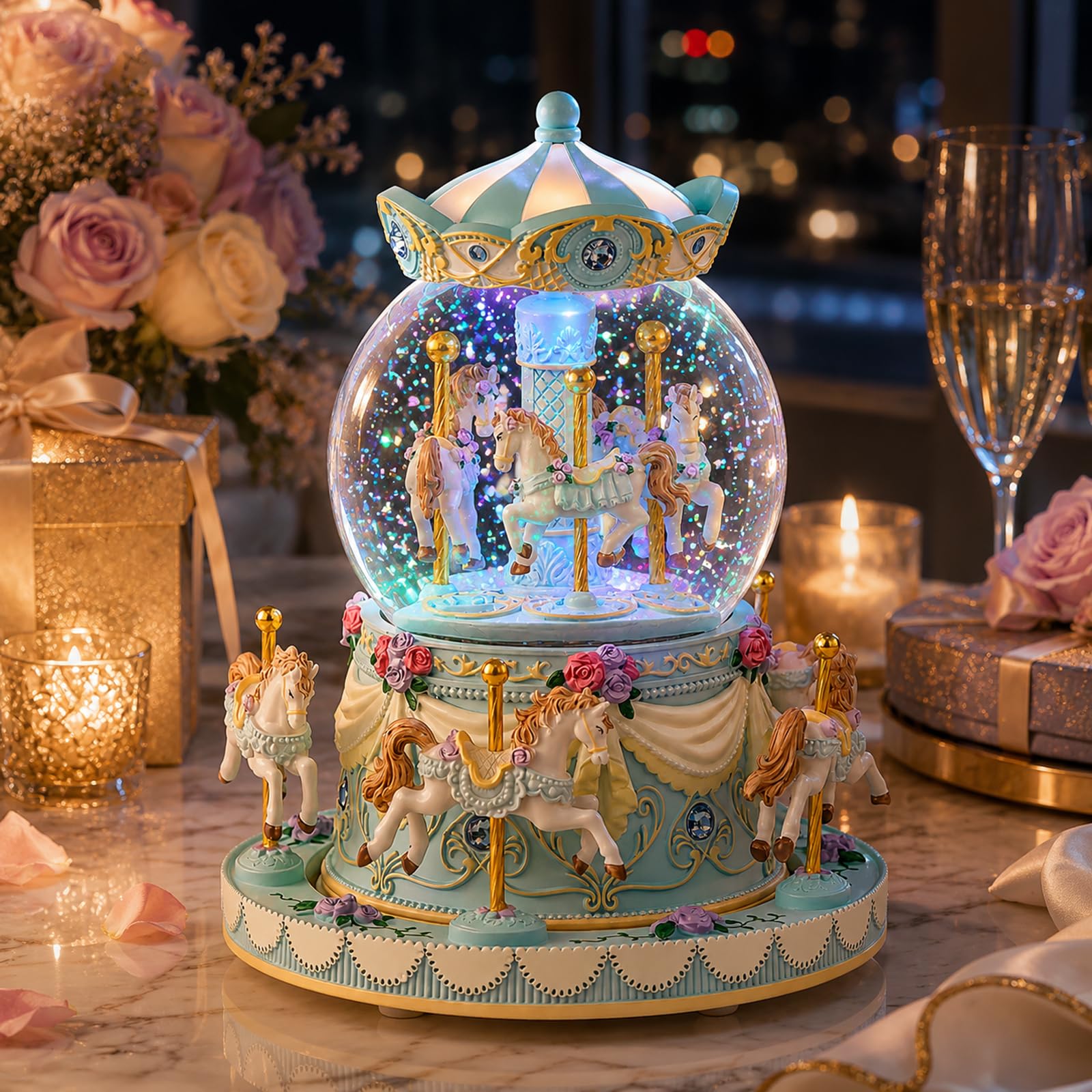 Blue Carousel Snow Globe Music Box with LED Lights, Rotating Horse Merry Go Round, Wind Up Musical Snow Globe Plays You are My Sunshine, Gift for Daughter Granddaughter Mom Women