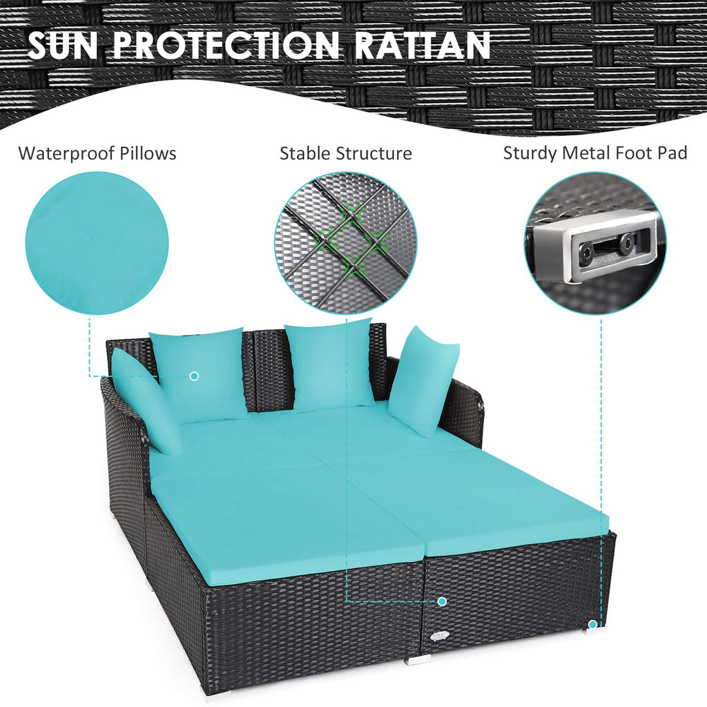 Tangkula Patio Rattan Daybed with Retractable Canopy, Outdoor Wicker Sunbed Lounger with 2 Foldable Side Tables, Thick Seat & Back Cushions, Outside Double Daybed for Garden, Backyard, Porch
