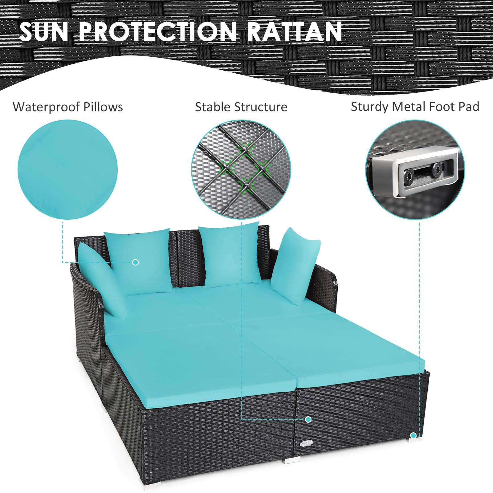 Tangkula Patio Rattan Daybed with Retractable Canopy, Outdoor Wicker Sunbed Lounger with 2 Foldable Side Tables, Thick Seat & Back Cushions, Outside Double Daybed for Garden, Backyard, Porch