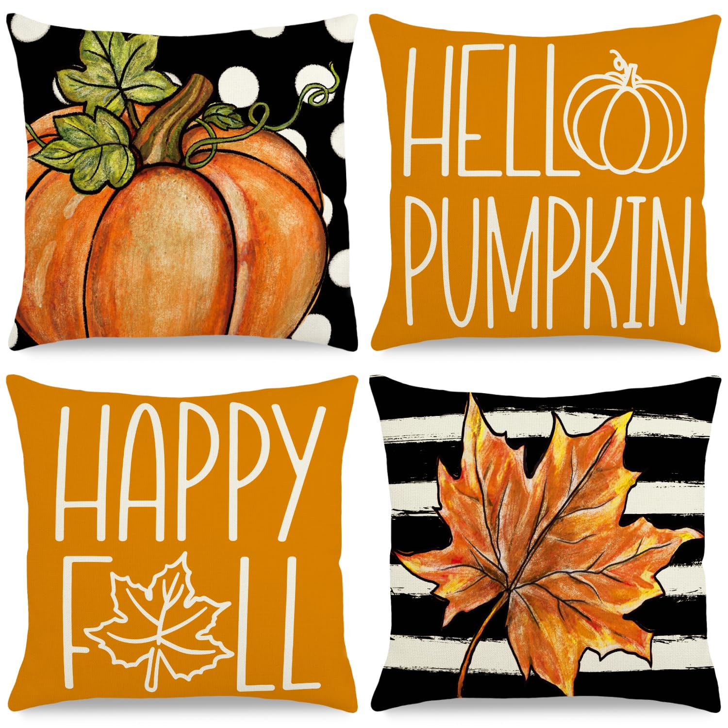 Fall Pillow Covers 18x18 Inch Autumn Pumpkin Maple Leaf Throw Pillowcase Orange Cushion Case for Thanksgiving Home Farmhouse Couch Sofa Bed Indoor Outdoor Decor (Set of 4)