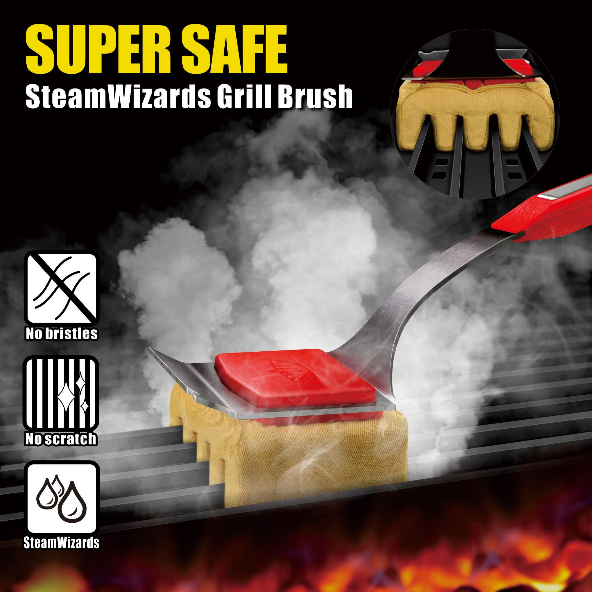 GRILLART Grill Brush Bristle Free. SteamWizards BBQ Replaceable Cleaning Head, Unique Seamless-Fit Scraper Tool for Cast Iron/Stainless-Steel Grates, Safe Barbecue Grill Cleaner-Red