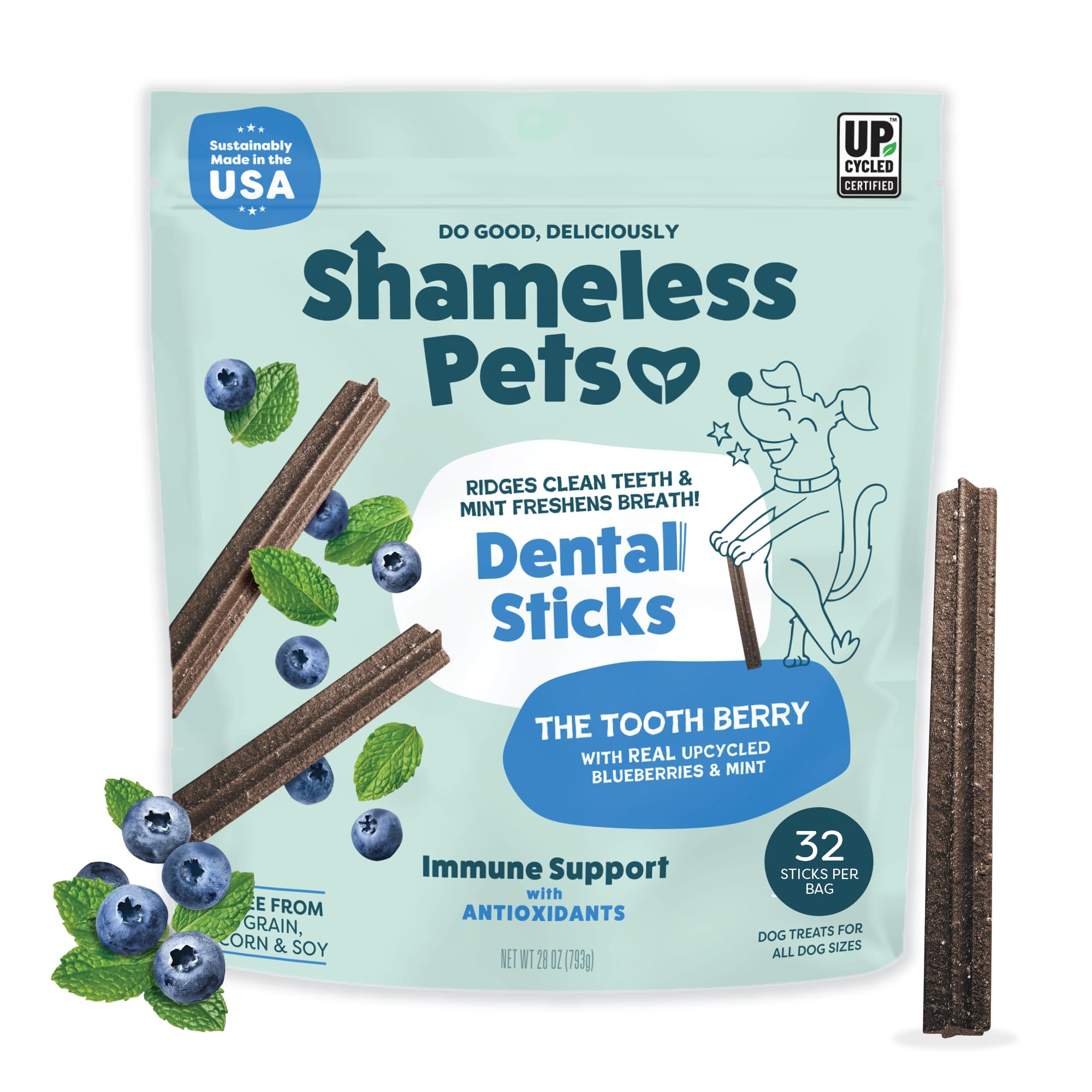 Shameless Pets Blueberry & Mint Dental Chews for Dogs, 8 Chews - Natural Dog Teeth Cleaning Treats with Fresh Breath Benefits | Grain-Free Dental Sticks for Small, Medium & Large Dogs