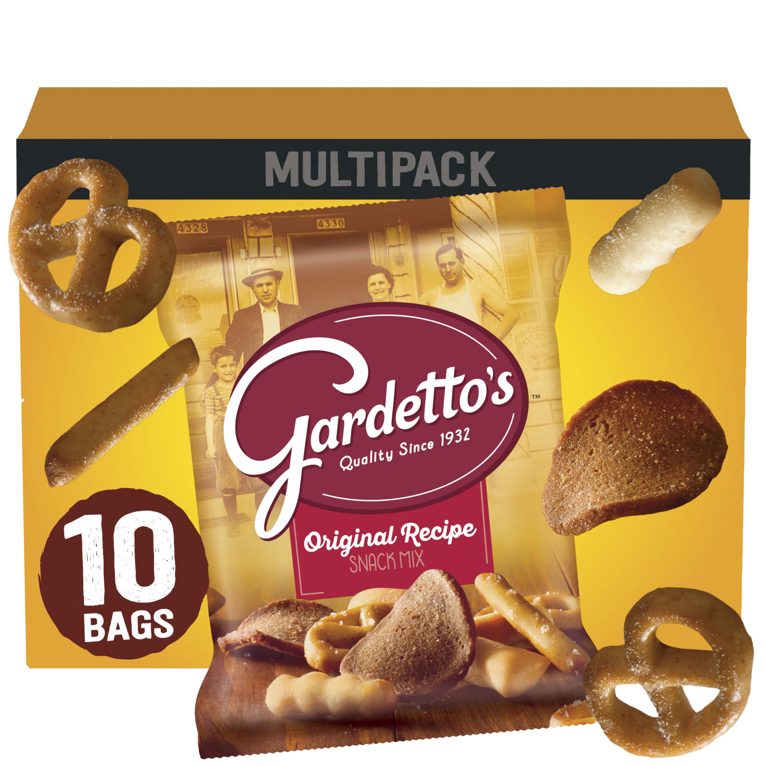 Gardetto's Original Recipe Snack Mix, Crunchy Breadsticks, Pretzels & Roasted Rye Chips, Kosher Snacks Multipack, 10 Single-Serve Bags, Individually Wrapped Party & Family Pack, 17.5 oz Bulk Box