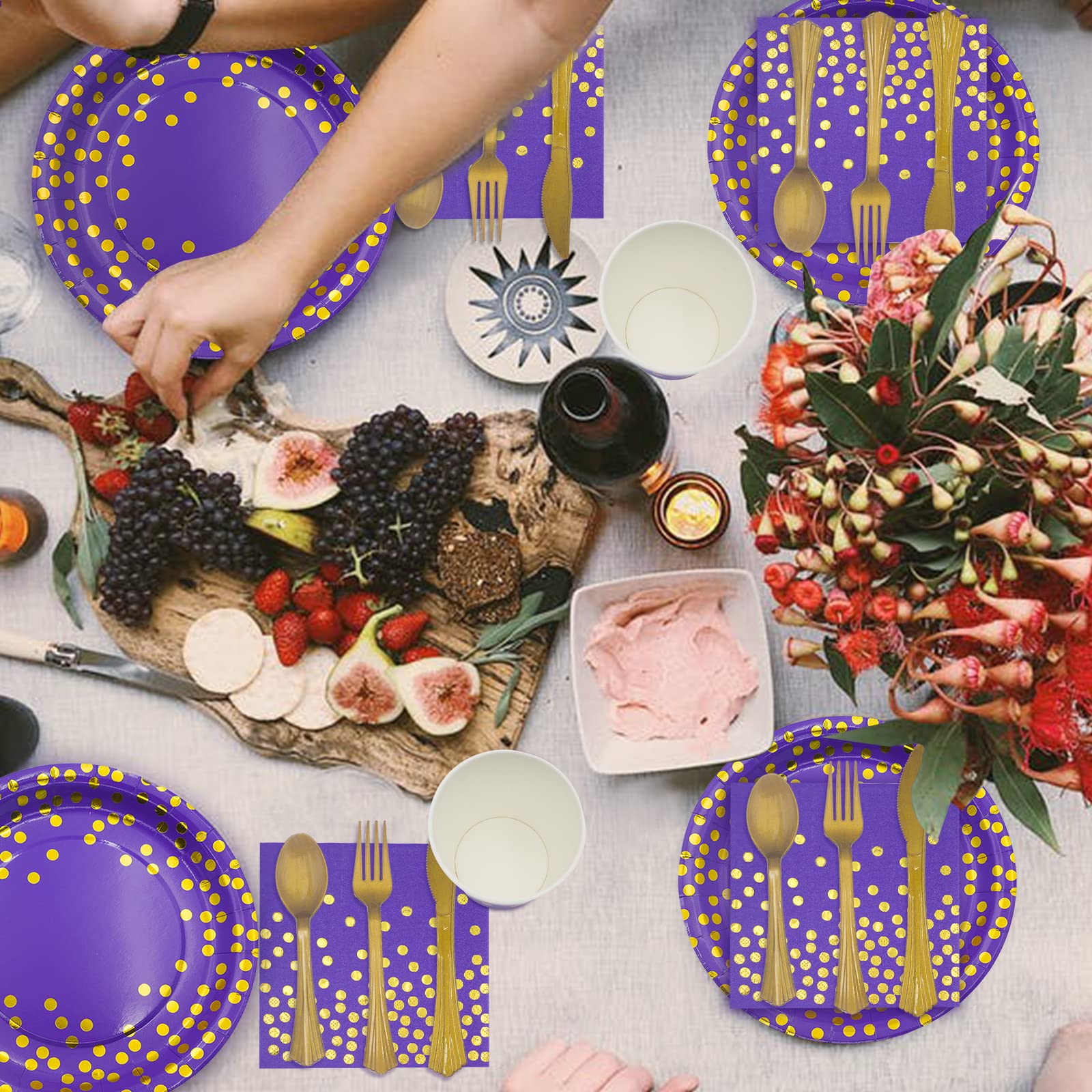AIRE 175PCS Black and Gold Paper Plates Party Supplies for 25 Guests Disposable Party Decorations Dinnerware Golden Dot Black Paper Plates Napkins Cups Gold Plastic Forks Knives Spoons for Mothers Day