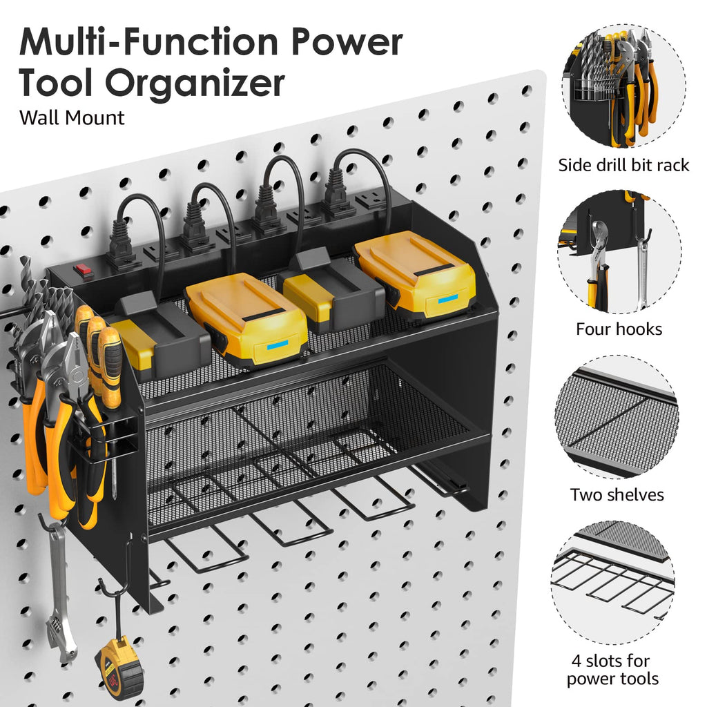 CCCEI Modular Power Tool Organizer Wall Mount with Charging Station. Garage Drill Storage Shelf with Hooks, Heavy Duty Rack, Tool Battery Holder Built in 8 Outlet. Gift for Men. Red, 1 Pack.