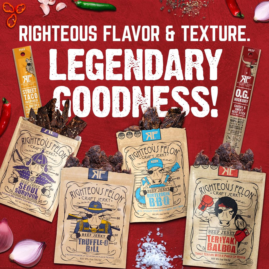 Righteous Felon Beef Jerky & Meat Sticks Variety Pack - Father's Day Jerky Sampler for Dad - Gluten Free Beef Jerky Snack Packs - High Protein, Keto, Low Sugar - Gifts for Men - 11 Pack Sampler