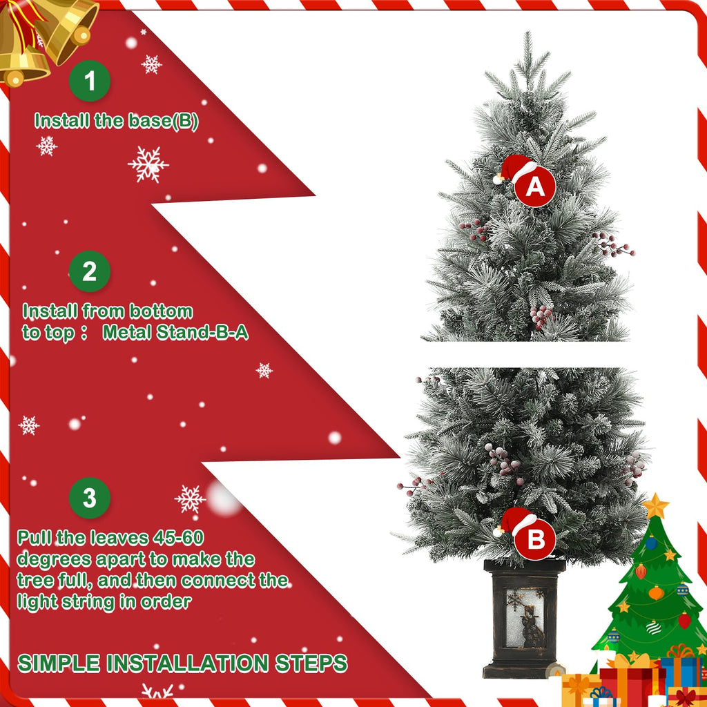 3FT Prelit Premium Snow Flocked Artificial Christmas Tree with Warm White LED, Mini Prelit Xmas Pine Tree for Christmas Decoration,Yard,Home,Office,Outdoor,Indoor,8 Mode Snowflake White Base- 1PC