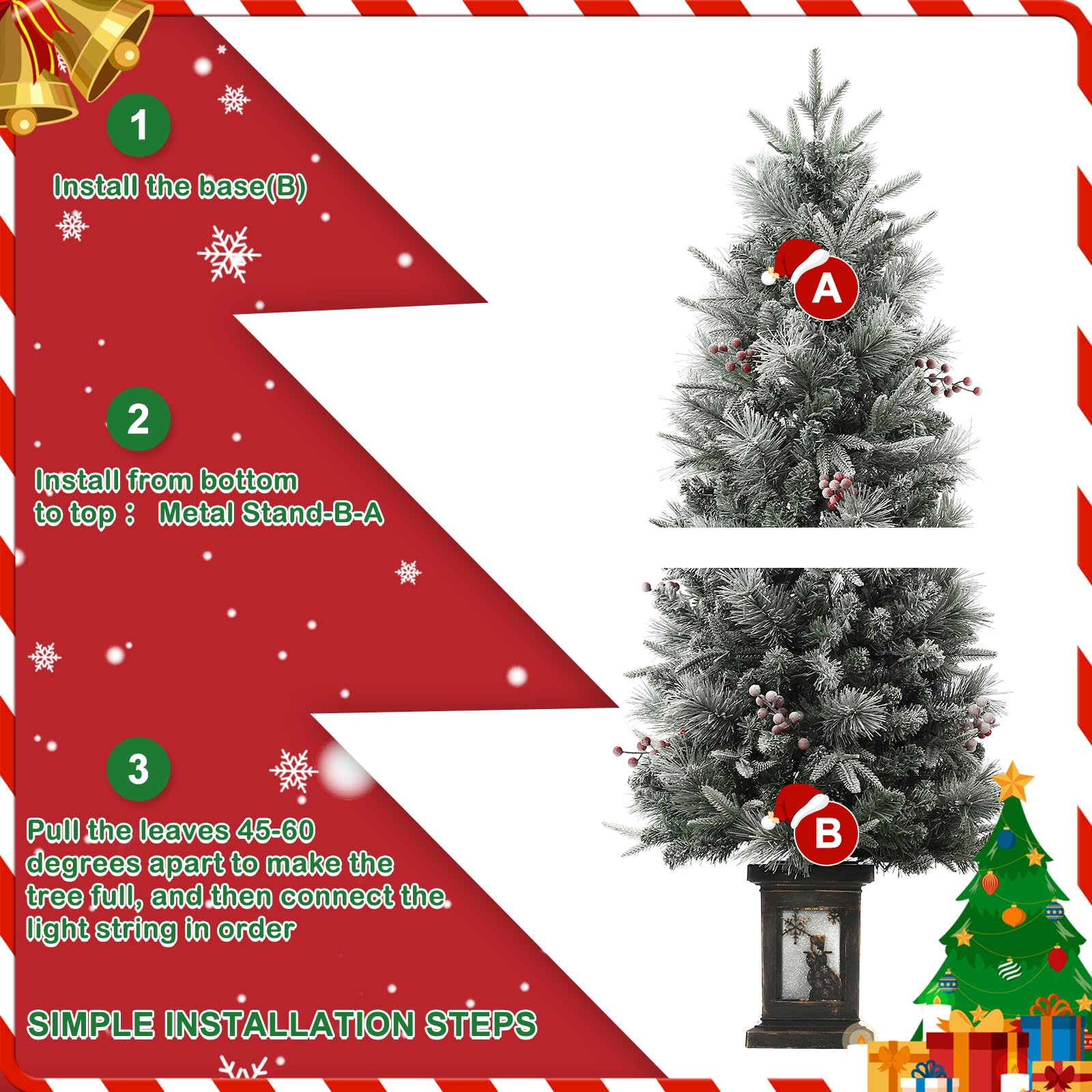3FT Prelit Premium Snow Flocked Artificial Christmas Tree with Warm White LED, Mini Prelit Xmas Pine Tree for Christmas Decoration,Yard,Home,Office,Outdoor,Indoor,8 Mode Snowflake White Base- 1PC