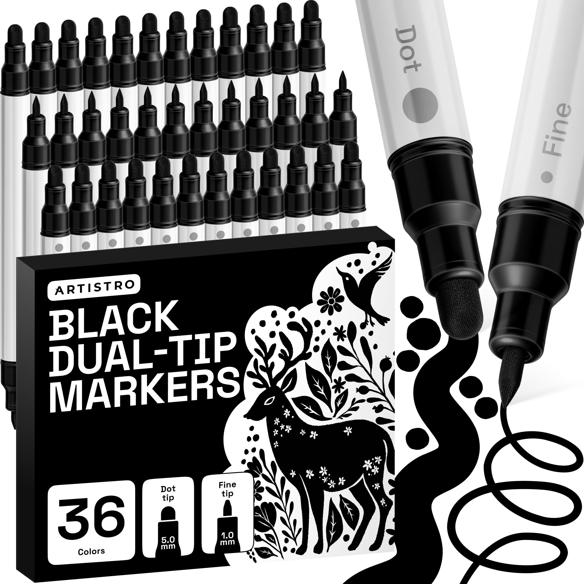 ARTISTRO 36 Dual Tip Pens, Dot & Fine Tips Paint Markers – Paint Pens Set for Fabric, Rock, Glass, Wood, Coloring Books – Arts & Crafts Gift – Classroom Must Haves & School Supplies