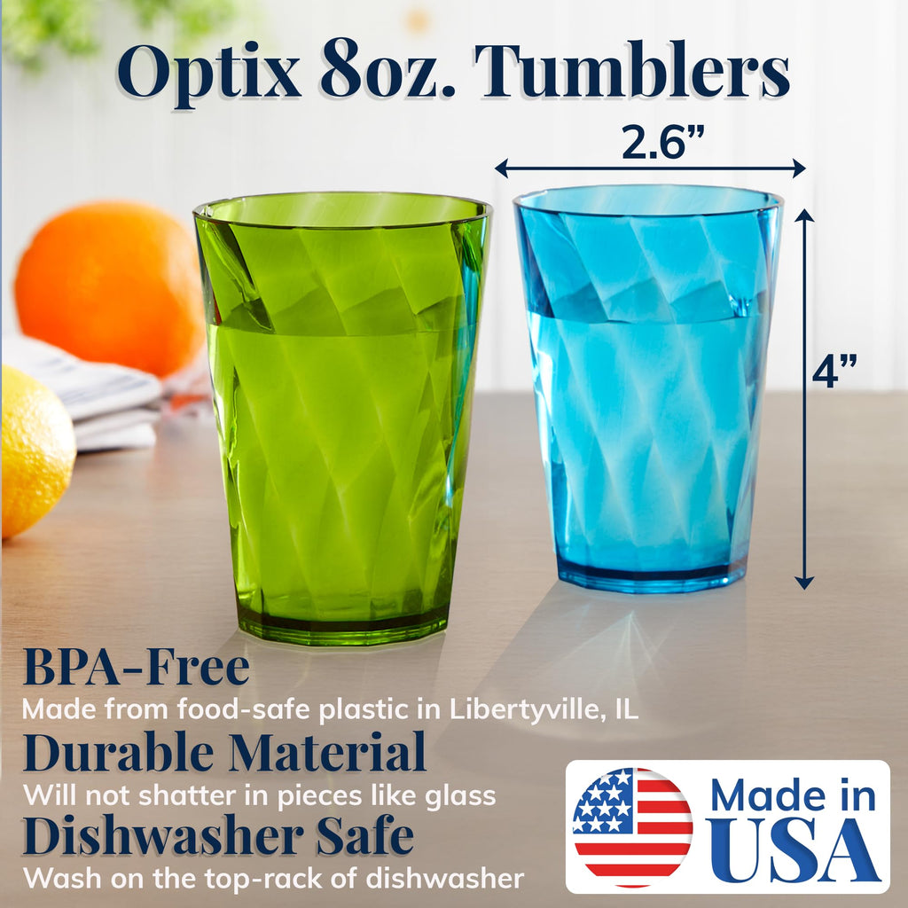US Acrylic Optix Plastic Reusable Drinking Glasses (Set of 8) 20oz Water Cups in Jewel Tone Colors | BPA-Free Tumblers, Made in USA | Top-Rack Dishwasher Safe