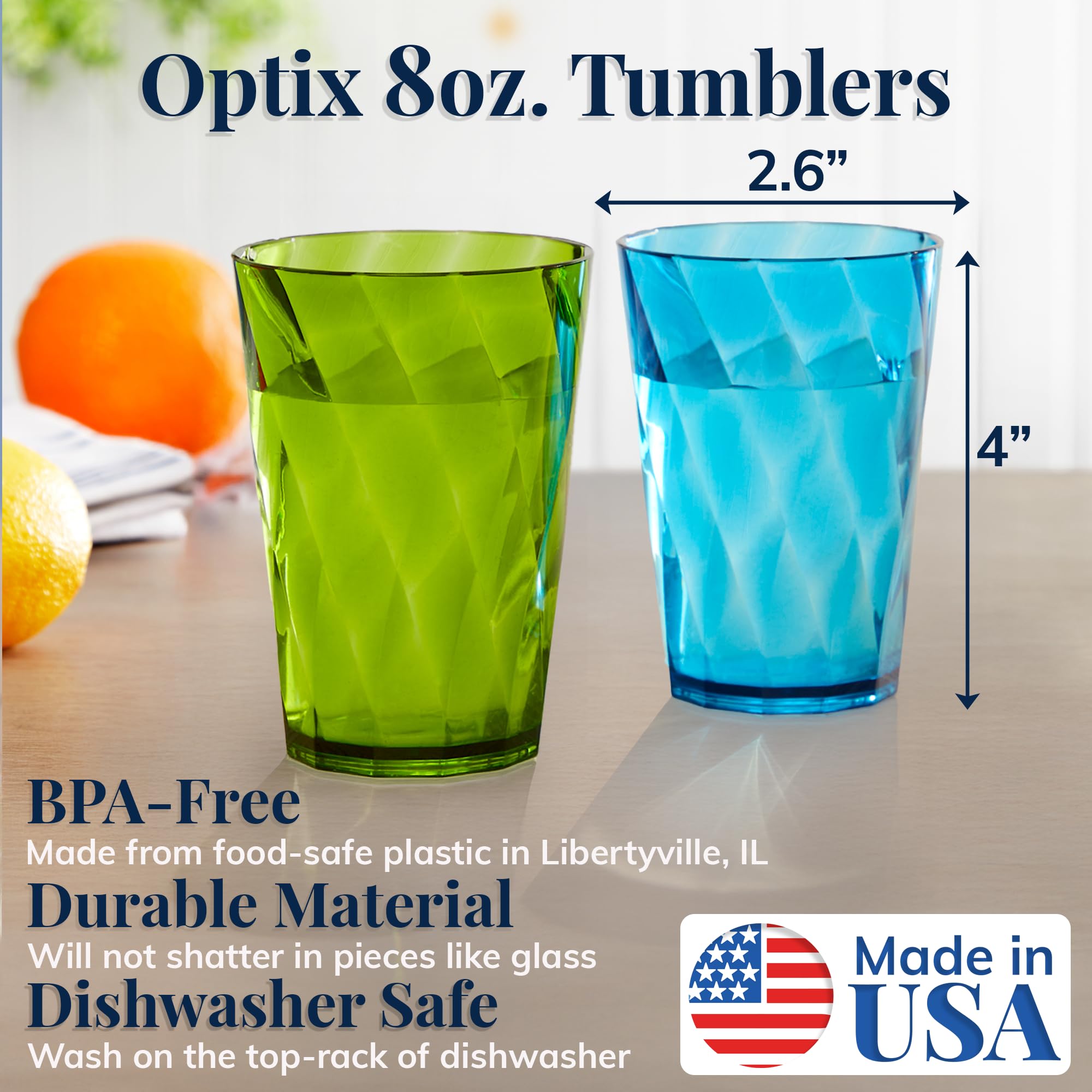 US Acrylic Optix Plastic Reusable Drinking Glasses (Set of 8) 20oz Water Cups in Jewel Tone Colors | BPA-Free Tumblers, Made in USA | Top-Rack Dishwasher Safe