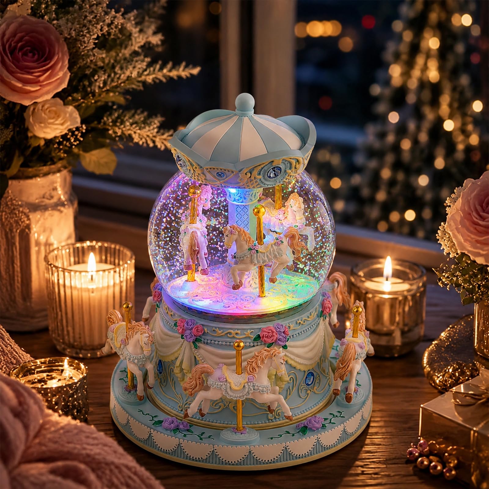 Blue Carousel Snow Globe Music Box with LED Lights, Rotating Horse Merry Go Round, Wind Up Musical Snow Globe Plays You are My Sunshine, Gift for Daughter Granddaughter Mom Women