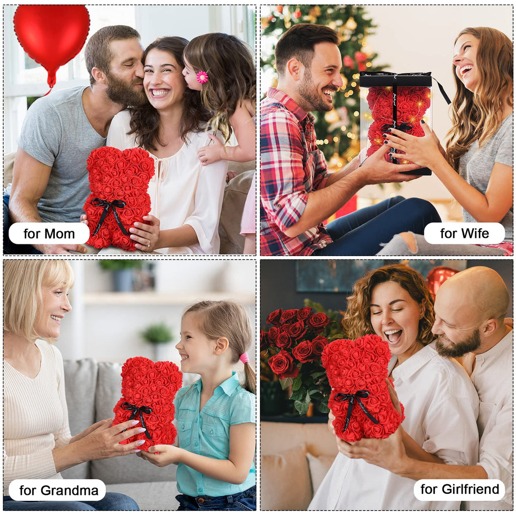 Rose Bear Mother's Day Flower Gifts for Mom Grandma, Rose Teddy Bear with Lights, Cute Teddy Flower Bear, Cute Romantic Present for Wife Girlfriend with Transparent Gift Box and Love Card