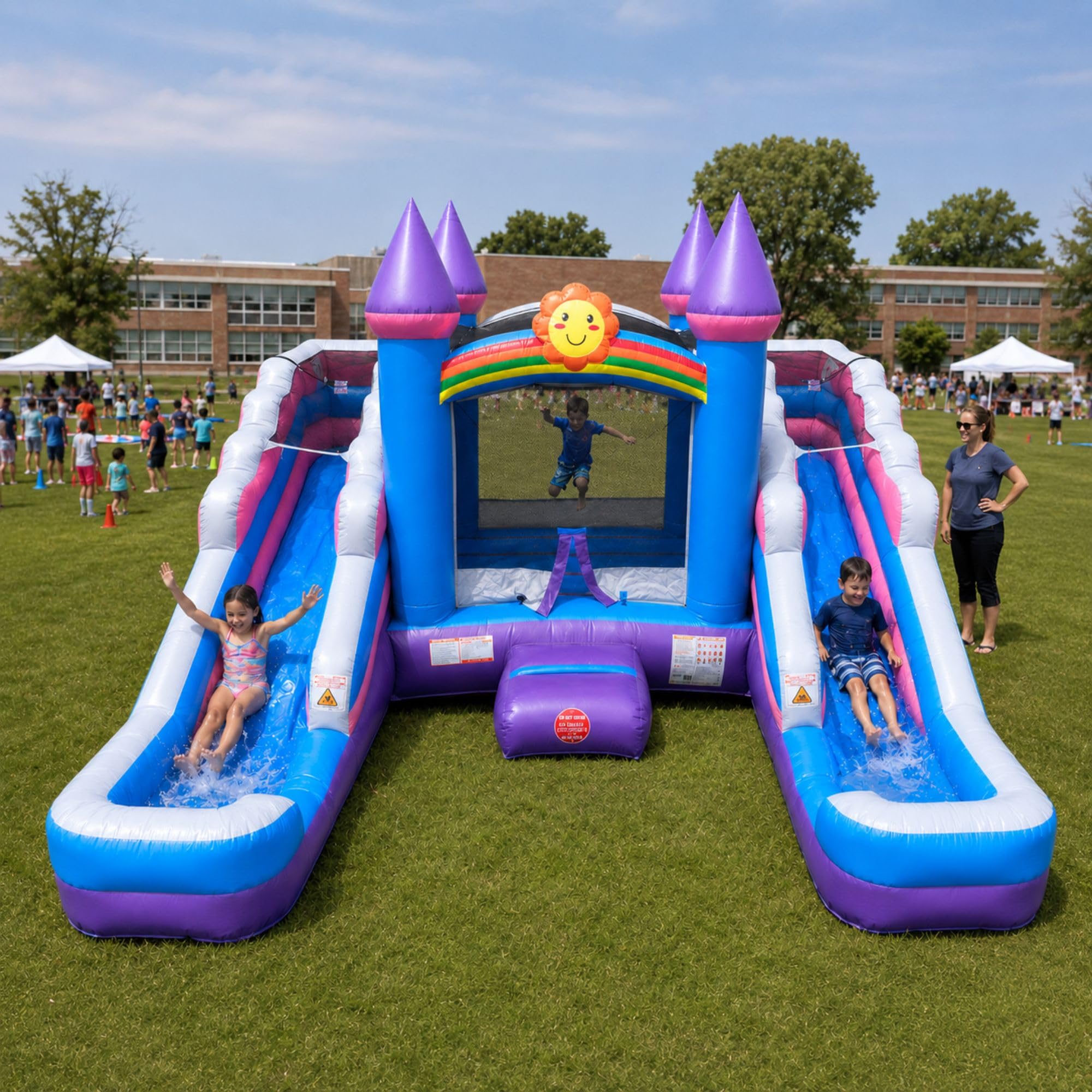 Crossover Tropical Double Water Slide Bounce House Combo, 16.5 x 15 x 11 Foot, PVC Vinyl Inflatable Bouncy House for Kids, Wet or Dry Slides, with Stakes, Storage Bag and 1 HP Blower
